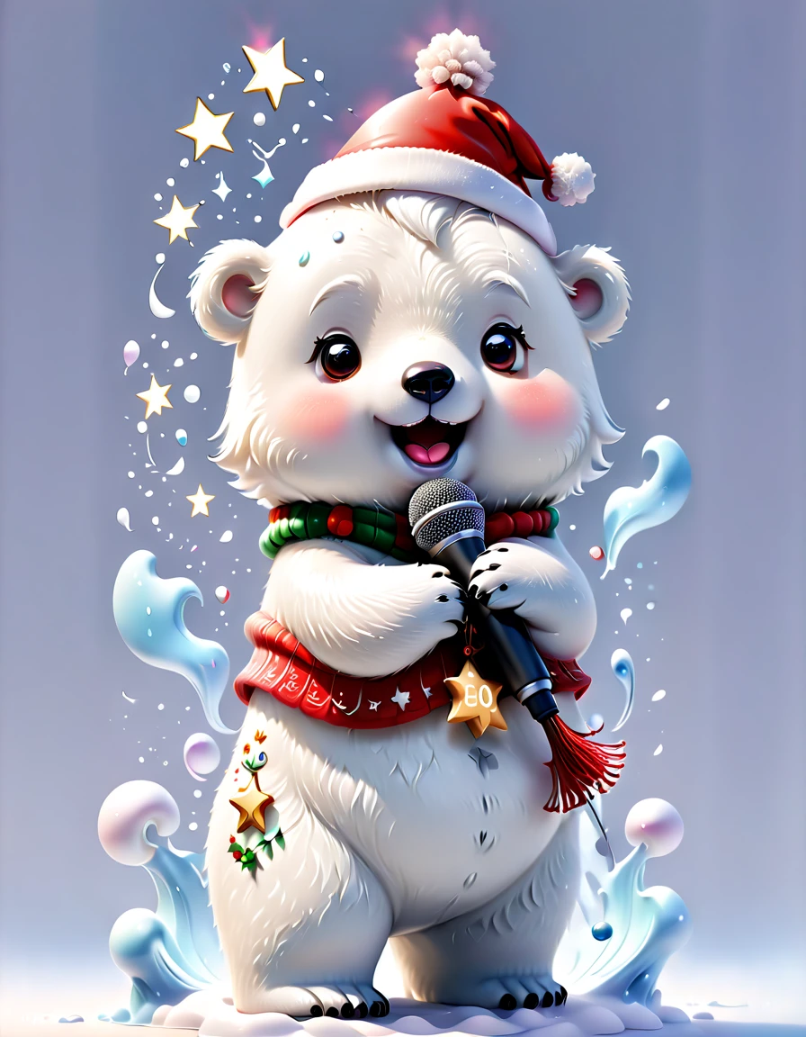 ((1 glowing magical cute polar bear wearing a Christmas hat and scarf)),((Singing with a microphone)), (((Many syllable symbols are floating in the air))),Christmas elements,Snowy days,8K,Irridescent color, kawaii, cute big breasts, number art, high qulity, The is very detailed, 3Drenderingof,vivd colour,Minimalist style,Disney style,translucent