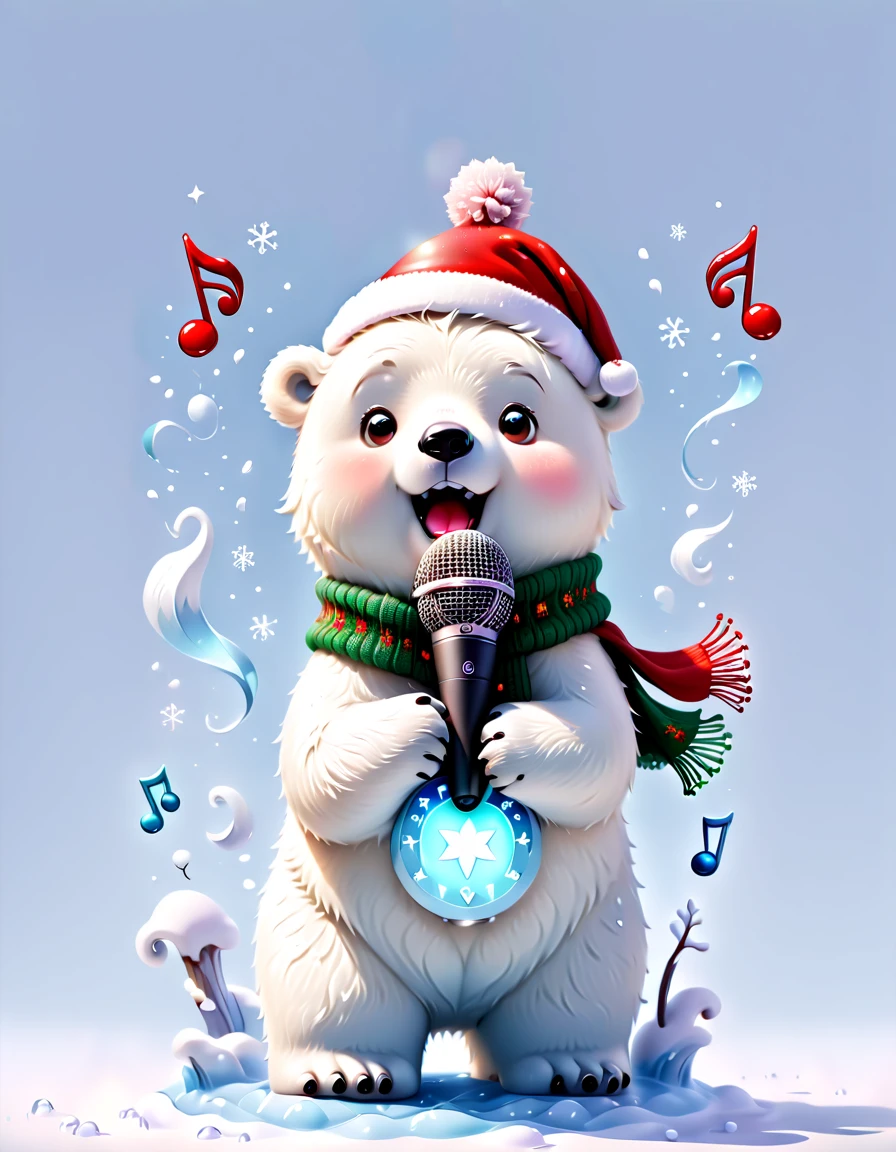 ((1 glowing magical cute polar bear wearing a Christmas hat and scarf))，((Singing with a microphone)), (((Many syllable symbols are floating in the air)))，Christmas elements，Snowy days，8K,Irridescent color, kawaii, cute big breasts, number art, high qulity, The is very detailed, 3Drenderingof，vivd colour，Minimalist style，Disney  style，translucent