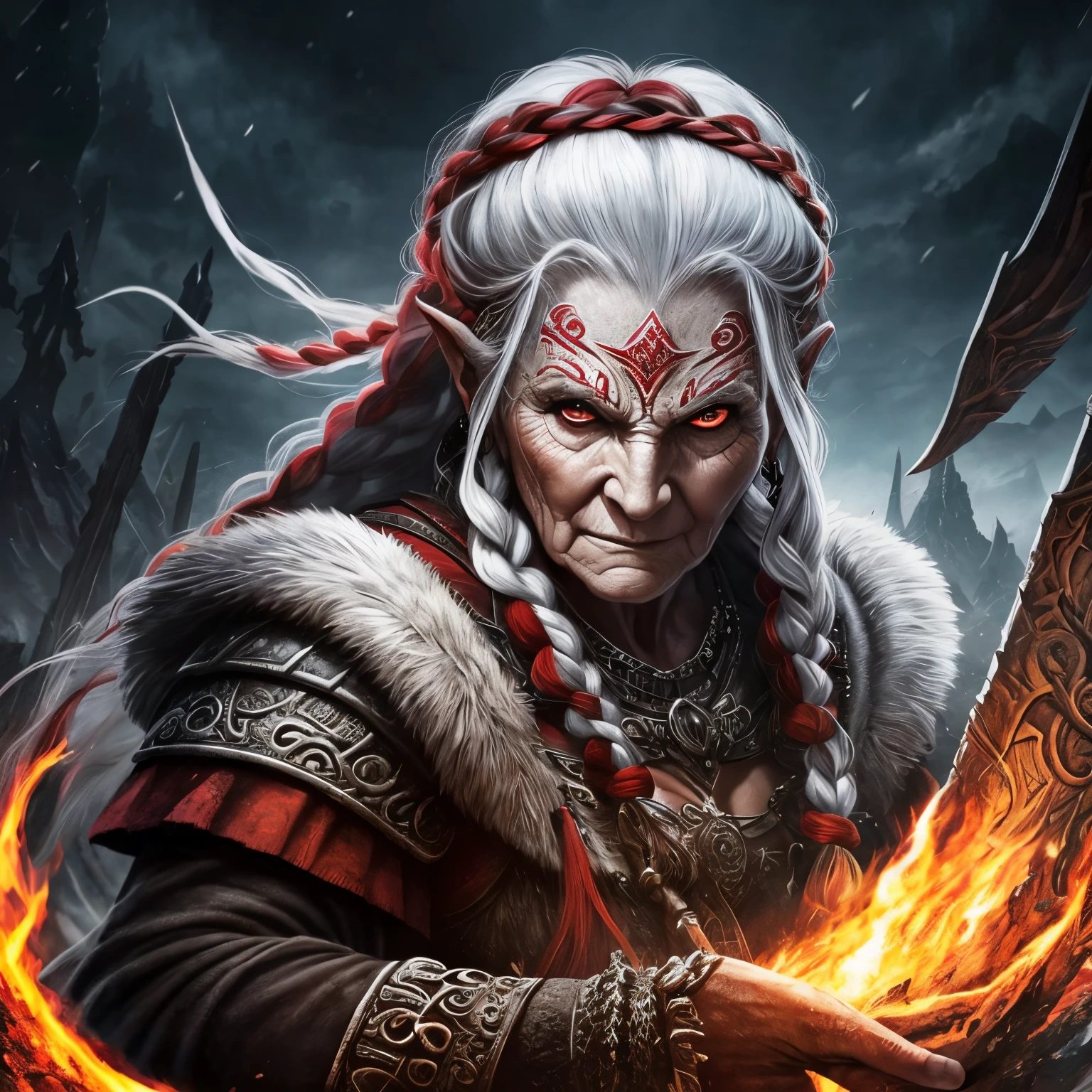 Berserker, Barbarian old woman, Arte de Fantasia, of his gaze alone enemies beginning to panic, one head, devilish smile, besta do inferno, demonio, White Fire Sky, guerreira, com foice e escudo, lindo, old womans, Werelion, Long red braided hair, olhos dourados brilhantes, realista, altamente detalhados, Motor irreal, 8k de luxo