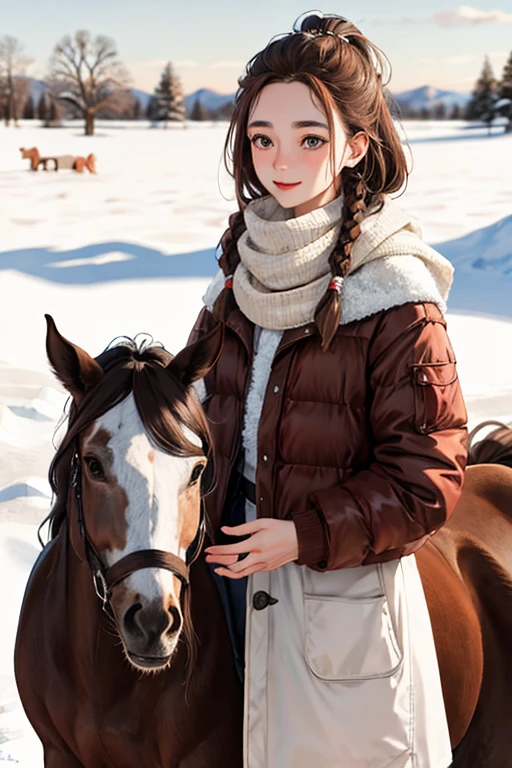 detailed, Girl, brown hair, dreadlocks, white skin next to her is a horse, brown, cute, snow, winter, cold