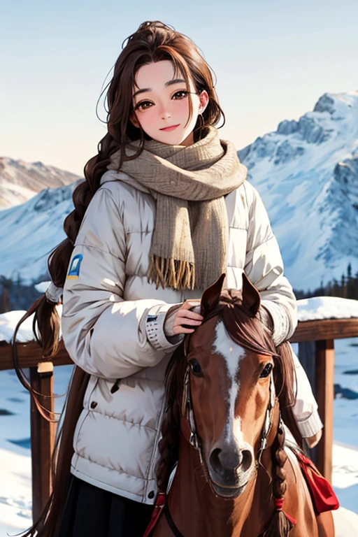 detailed, Girl, brown hair, dreadlocks, white skin next to her is a horse, brown, cute, snow, winter, cold