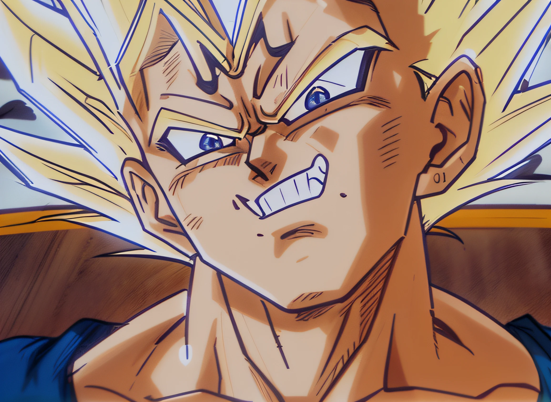 Um close up de um desenho animado de um Gohan muito jovem, super saiyajin, Super Sayan, with vegeta head hair, indo super saiyajin, Vegeta, personagem dragonball, super saiyajin goku, Broly, Gogeta, Super Sayian Goku, Cabelo selvagem Saiyajin preto espetado, Filho Goku, prince vegeta , realista , unreal engine 5 , expressoes faciais realistas e detalhadas ao pormenor.
