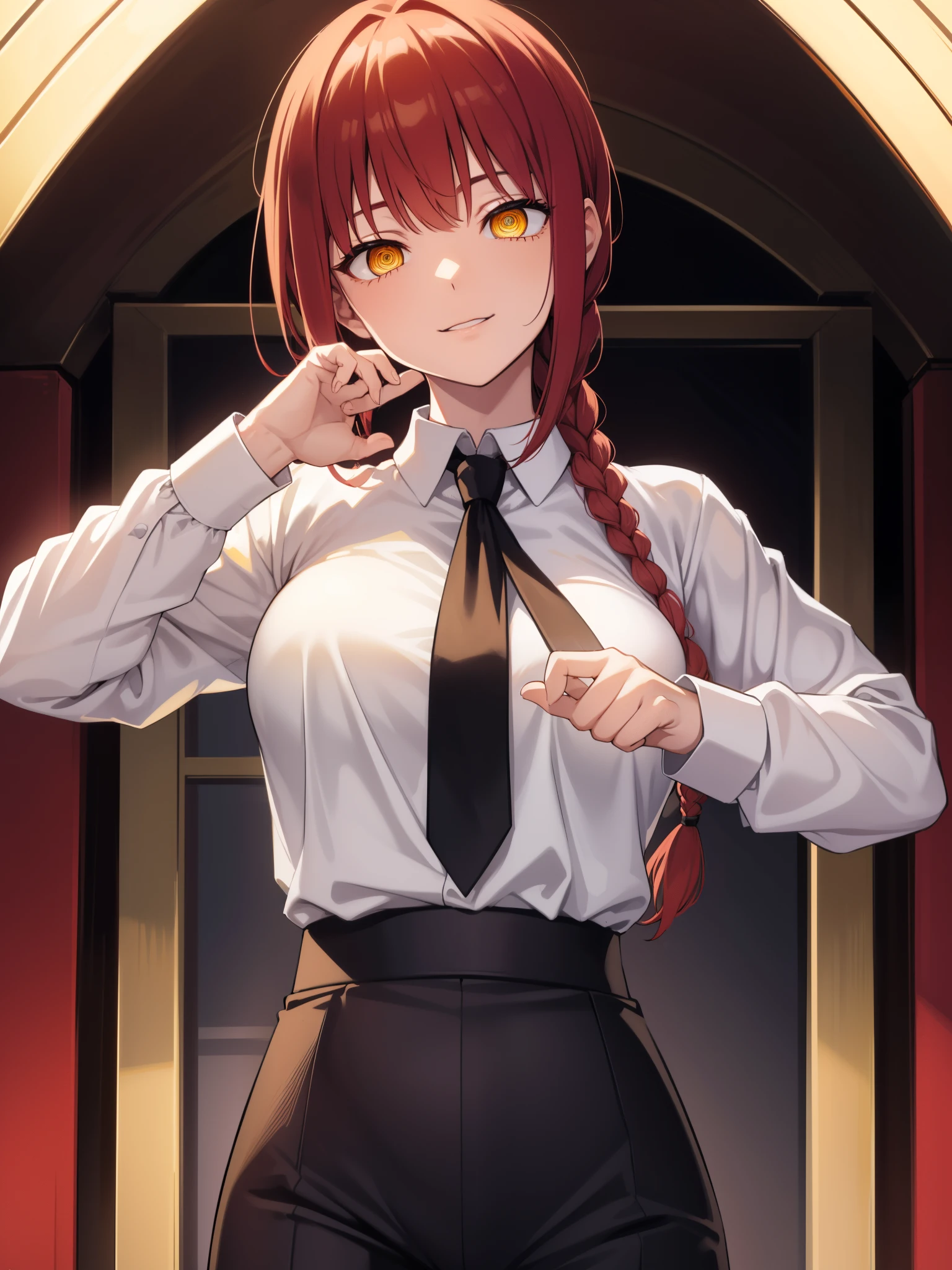 Makima, Makima, long hair, smile, bangs, (medium breasts:1.2), (yellow eyes:1.2), braid, red hair, braided ponytail, ringed eyes, Shirt break, long sleeves, white shirt, tie, shirt turtleneck, trousers, black trousers, formal, suit, black tie, tucked-in shirt, office lady, BREAK-IN inside the house, office, break looking at the spectator, break (master piece: 1.2), best quality, very high resolution, Unity 8k wallpaper, (illustration:0.8), (beautiful eyes detailed:1.6), Extremely detailed face, perfect lighting, extremely detailed CG, (perfect hands, perfect anatomy),