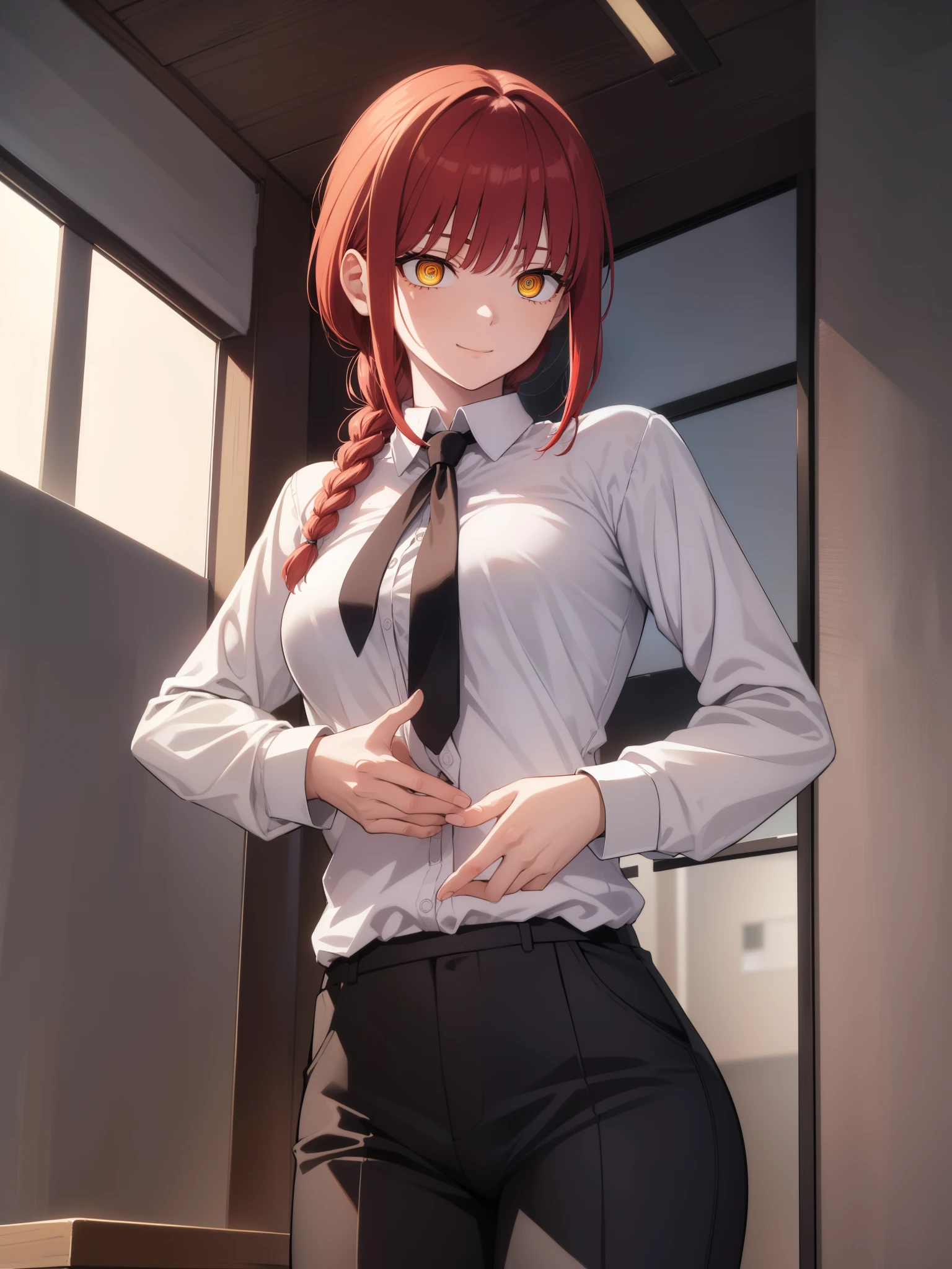 Makima, Makima, long hair, smile, bangs, (medium breasts:1.2), (yellow eyes:1.2), braid, red hair, braided ponytail, ringed eyes, Shirt break, long sleeves, white shirt, tie, shirt turtleneck, trousers, black trousers, formal, suit, black tie, tucked-in shirt, office lady, BREAK-IN inside the house, office, break looking at the spectator, break (master piece: 1.2), best quality, very high resolution, Unity 8k wallpaper, (illustration:0.8), (beautiful eyes detailed:1.6), Extremely detailed face, perfect lighting, extremely detailed CG, (perfect hands, perfect anatomy),
