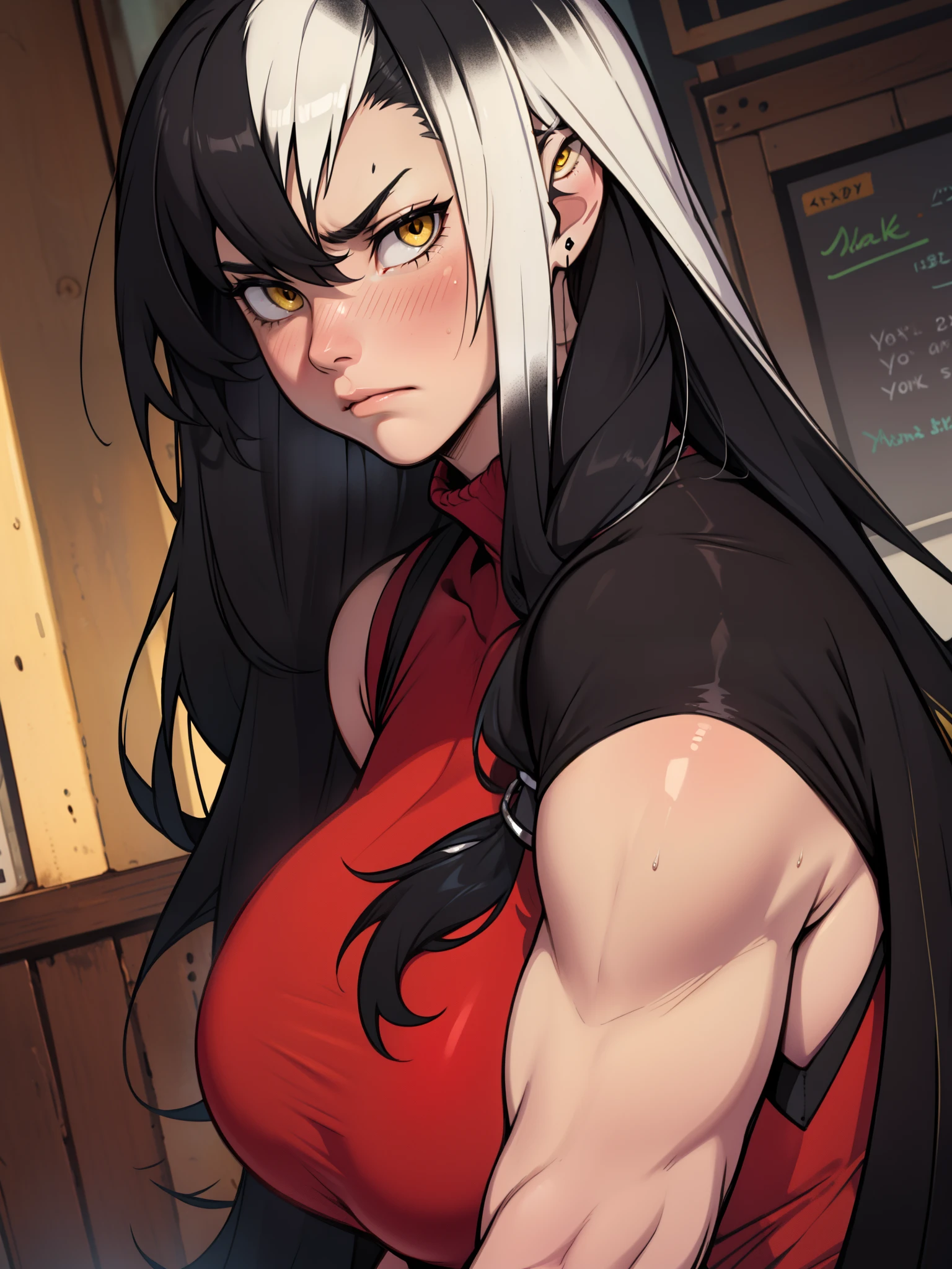 girl muscles huge breasts pale skin black long hair yellow eyes sad blushing solo frown