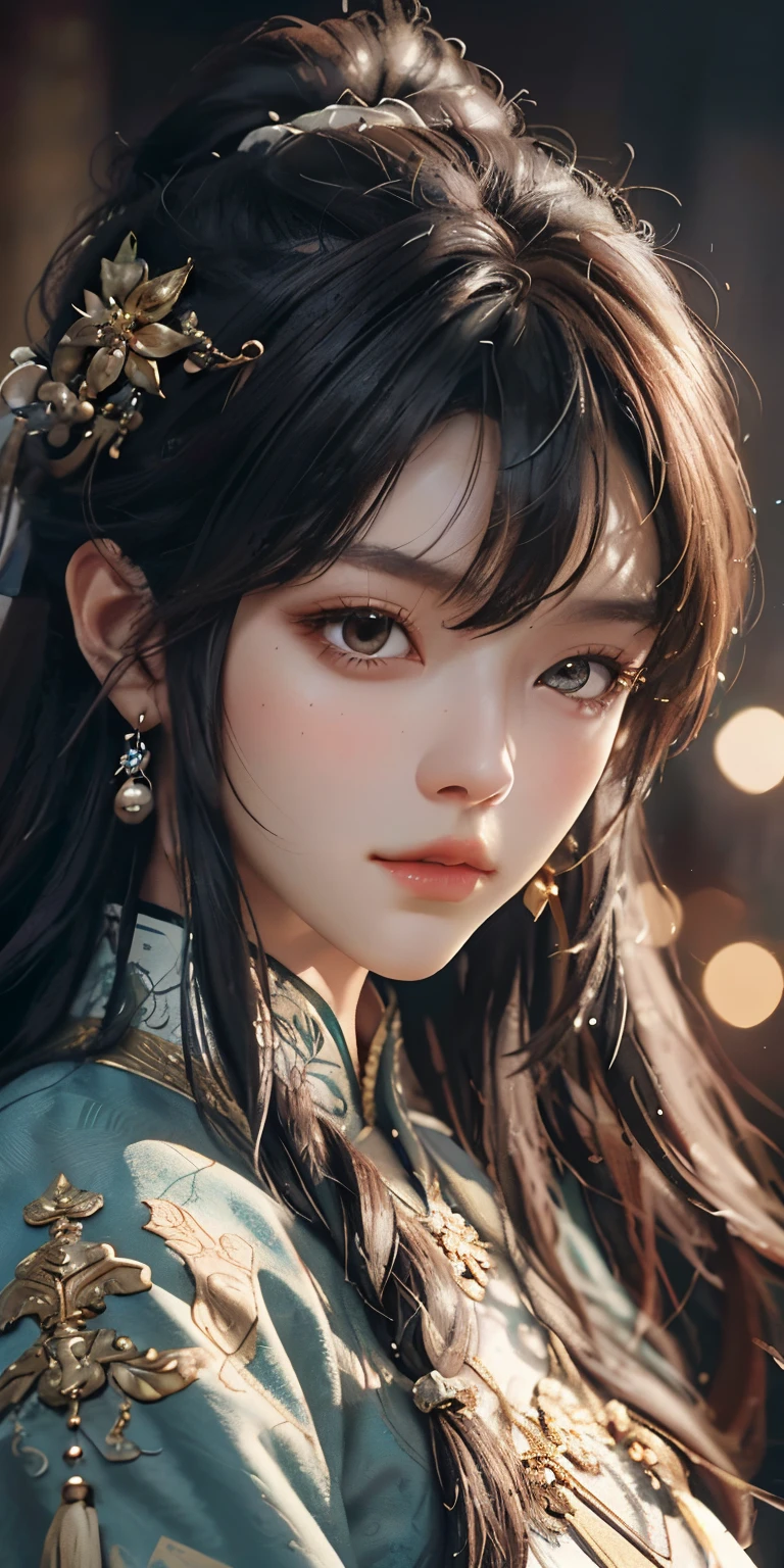 Close up of a woman with brown hair and brown mask，Belle peinture de personnage，Chinese immortalairy style，Guviz，Guviz-style artwork，Silver-haired god，Yang J，Epic and beautiful character art，Stunning character art，FAN Qi，Wu Zhun Shifan，Guvitz at the Pixiv Art Station