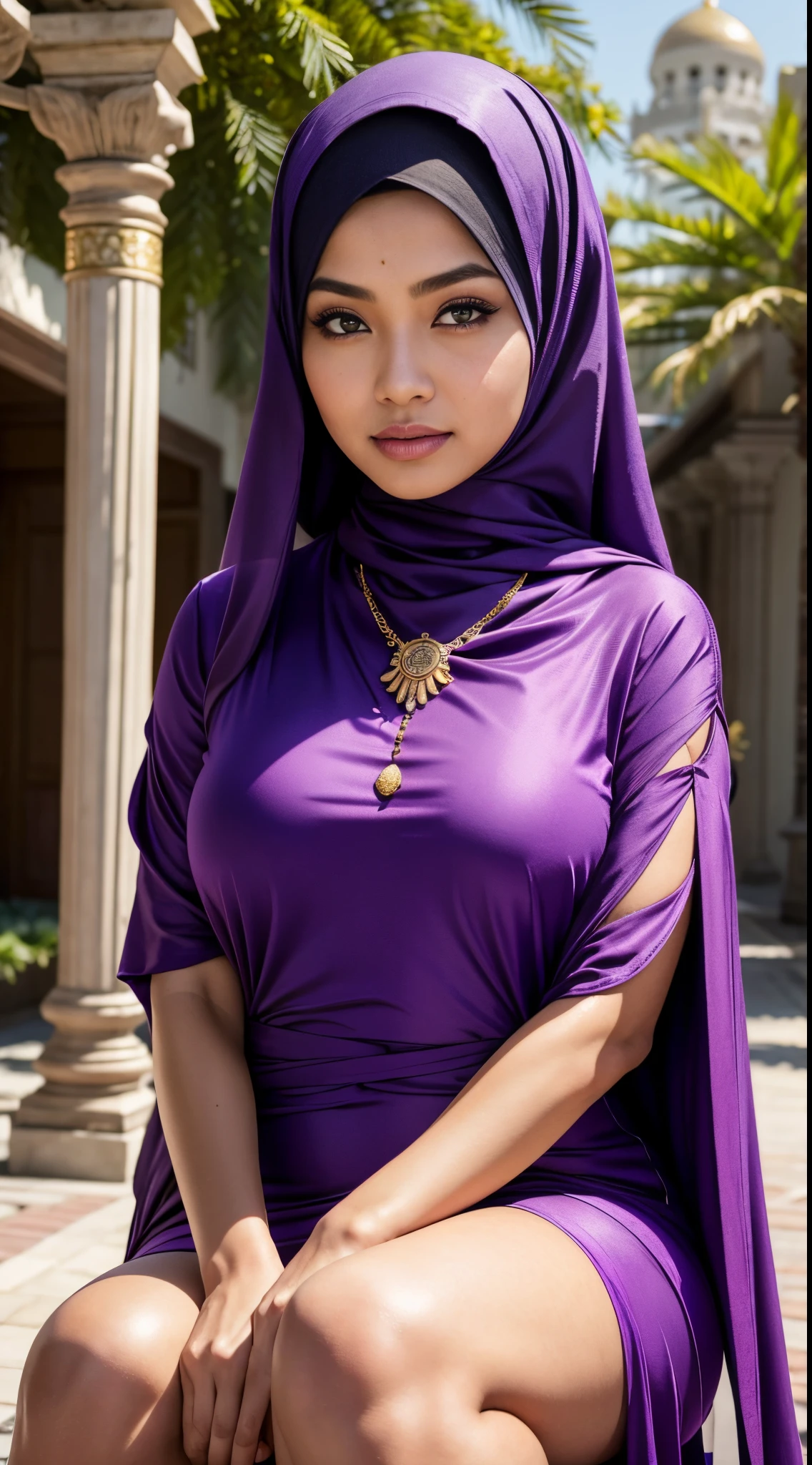 RAW, Best quality, high resolution, masterpiece: 1.3), beautiful Malay woman in hijab,Masterpiece, perfect slim fit body, Huge breast,big gorgeous eyes, Soft smile,thick thighs, a close up of a woman in a purple dress and a gold necklace, malay beauty, beautiful malay woman, draped in silky purple and gold, draped in purple and gold silk, malay princess, closeup portrait shot,, portrait shot, draped in purple, arab princess, dressed in purple, malaysian,, arab inspired  , (Delicate turtleneck) , necklace, shairband, afternoon walk, City garden, Excellent lighting, Bright colors, Clean lines