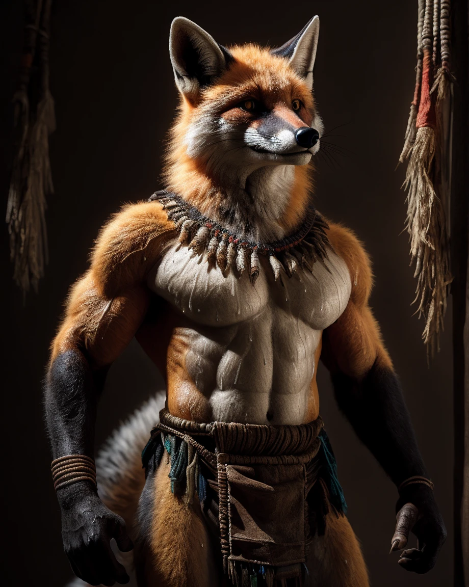 sweat drops, photography, (cool posing:1.1025), , ultra realism shading, anthro, red,yellow, white,((flying fox)), photorealistic, nude, suggestive, (rembrandt:1.1025), huge pecs, tribal, warrior, biceps, (loincloth:1.05), tiny small waist, slim hunk, nsfw, white belly