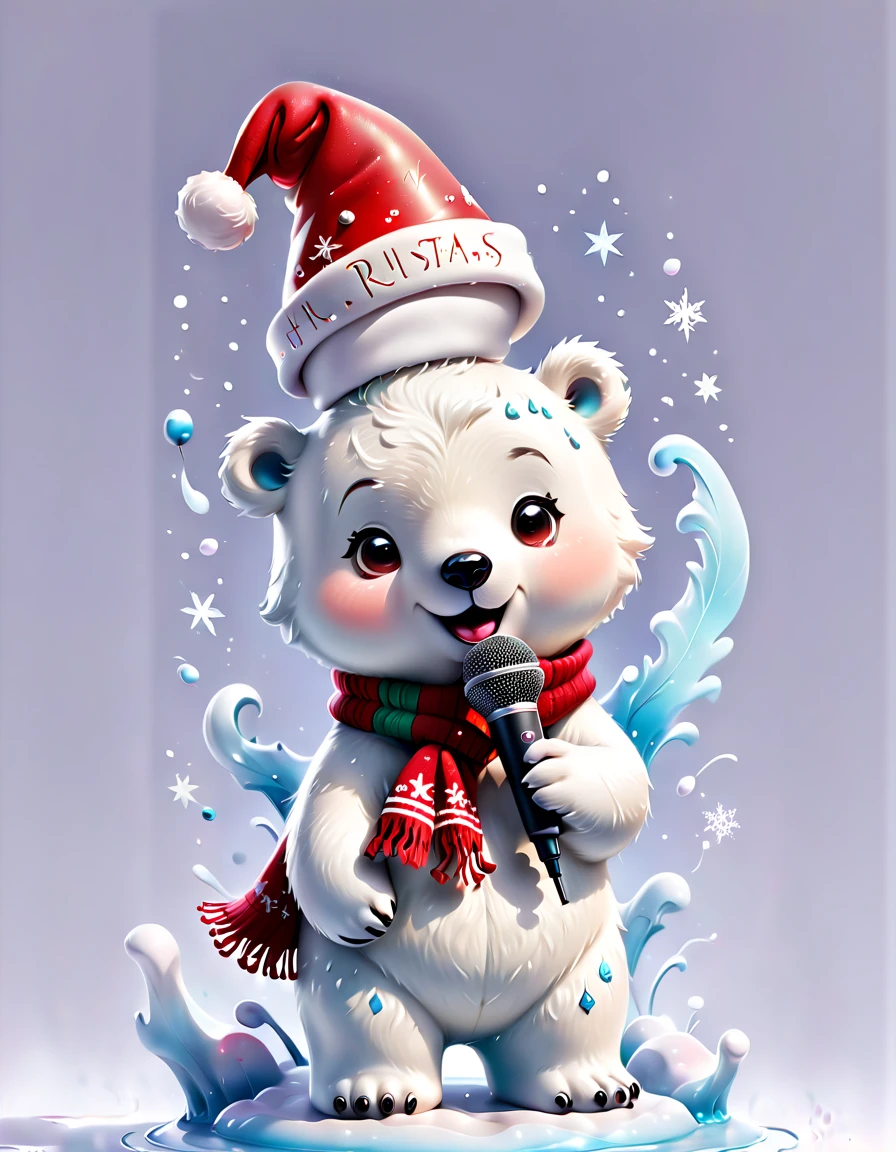 ((1 glowing magical cute polar bear wearing a Christmas hat and scarf))，((Singing with a microphone)), (((Many syllable symbols are floating in the air)))，Christmas elements，Snowy days，8K,Irridescent color, kawaii, cute big breasts, number art, high qulity, The is very detailed, 3Drenderingof，vivd colour，Minimalist style，Disney  style，translucent