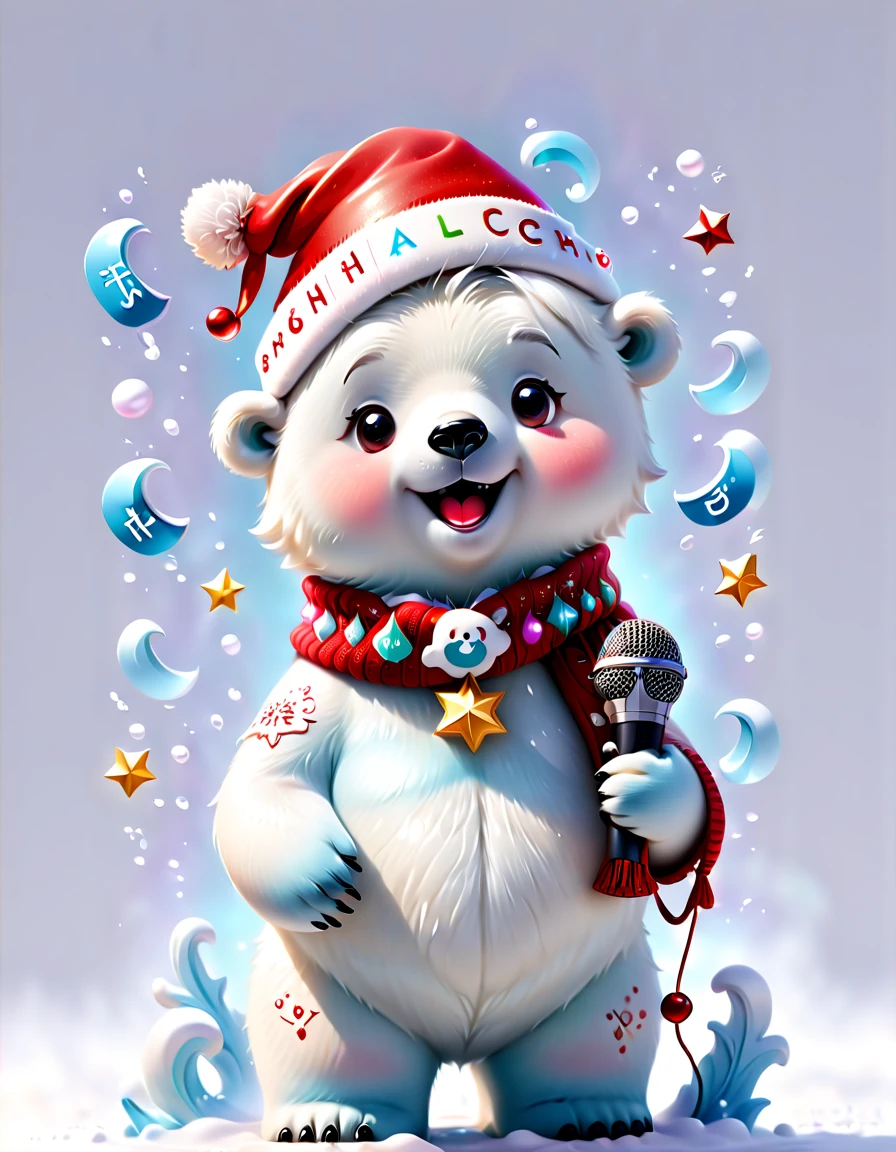 ((1 glowing magical cute polar bear wearing a Christmas hat and scarf))，((Singing with a microphone)), (((Many syllable symbols are floating in the air)))，Christmas elements，Snowy days，8K,Irridescent color, kawaii, cute big breasts, number art, high qulity, The is very detailed, 3Drenderingof，vivd colour，Minimalist style，Disney  style，translucent