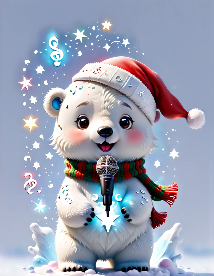 ((1 glowing magical cute polar bear wearing a Christmas hat and scarf)),((Singing with a microphone)), (((Many syllable symbols are floating in the air))),Christmas elements,Snowy days,8K,Irridescent color, kawaii, cute big breasts, number art, high qulity, The is very detailed, 3Drenderingof,vivd colour,Minimalist style,Disney style,translucent