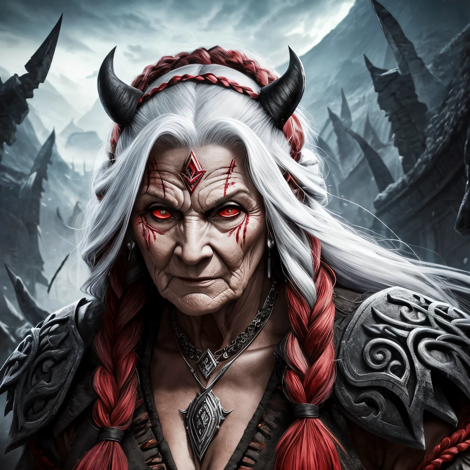 Berserker, Barbarian old woman, Arte de Fantasia, of his gaze alone enemies beginning to panic, one head, devilish smile, besta do inferno, demonio, White Fire Sky, guerreira, com foice e escudo, lindo, old womans, Werelion, Long red braided hair, olhos dourados brilhantes, realista, altamente detalhados, Motor irreal, 8k de luxo