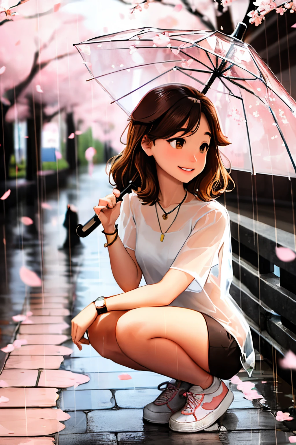 sam yang,
1girl, animal, bird, blurry, blurry background, brown eyes, brown hair, cherry blossoms, dog, full body, holding, holding umbrella, jewelry, looking up, medium hair, necklace, rain, shiba inu, shoes, short sleeves, smile, sneakers, solo, squatting, transparent, transparent umbrella, umbrella, watch, wristwatch
, ((masterpiece))