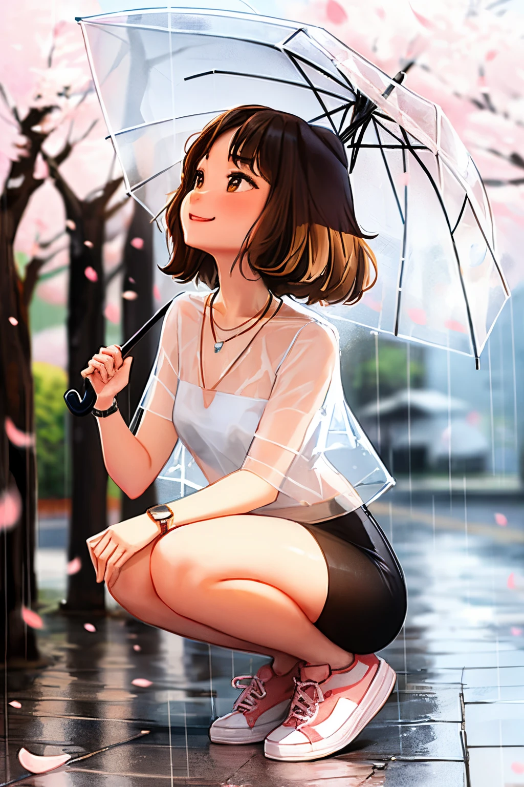sam yang,
1girl, animal, bird, blurry, blurry background, brown eyes, brown hair, cherry blossoms, dog, full body, holding, holding umbrella, jewelry, looking up, medium hair, necklace, rain, shiba inu, shoes, short sleeves, smile, sneakers, solo, squatting, transparent, transparent umbrella, umbrella, watch, wristwatch
, ((masterpiece))