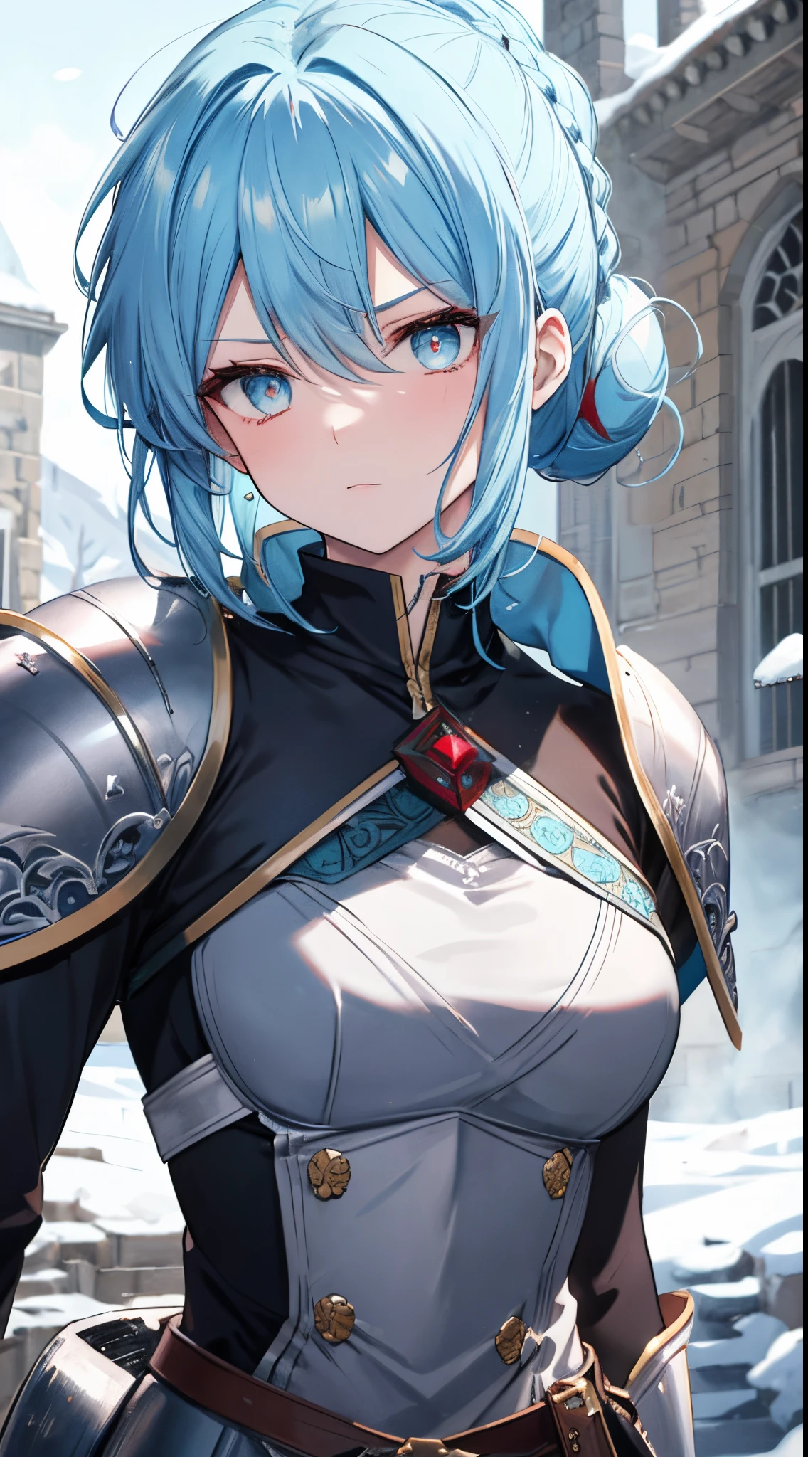 cyan hair, crimson eyes, medium hair, hair-up, silky hair, fit body, dynamic angle, engraved armor, weapon, snowy background, princess, defiant, medieval, battlefield determined, masterpiece,
