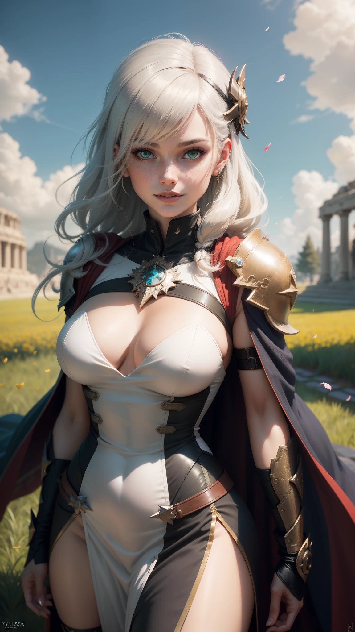 gwen tennyson,yorha 2b,tracer,y'shtola rhul,solo girl,overwatch,atelier ryza,close up,meadow view,tattoos,royal black and white plugsuit,white short sleeve spartan top,full plate bronze spartan armor top,long tight greek skirt,bronze greek corset,long curly hair,princess makeup,green eyes,multicolored silver hair,long dress train,sexy smile, freckles,beautiful girl,greek thigh high boots,large breasts,8k,ultra detailed,realistic,fantasy art,spartan warrior uniform,greek gown dress,ear piercings,spartan hand and neck jewelry,(weather:windy),long scarlet spartan cape,spartan city,silver hair pin,flower petals flying,spartan army,spartan helmet,