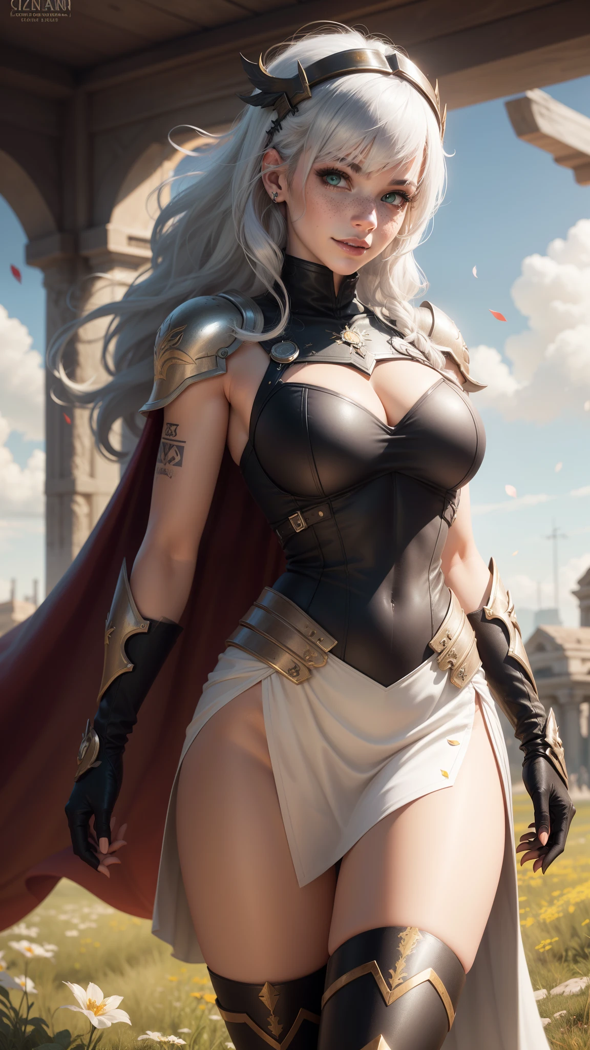 gwen tennyson,yorha 2b,tracer,y'shtola rhul,solo girl,overwatch,atelier ryza,close up,meadow view,tattoos,royal black and white plugsuit,white short sleeve spartan top,full plate bronze spartan armor top,long tight greek skirt,bronze greek corset,long curly hair,princess makeup,green eyes,multicolored silver hair,long dress train,sexy smile, freckles,beautiful girl,greek thigh high boots,large breasts,8k,ultra detailed,realistic,fantasy art,spartan warrior uniform,greek gown dress,ear piercings,spartan hand and neck jewelry,(weather:windy),long scarlet spartan cape,spartan city,silver hair pin,flower petals flying,spartan army,spartan helmet,