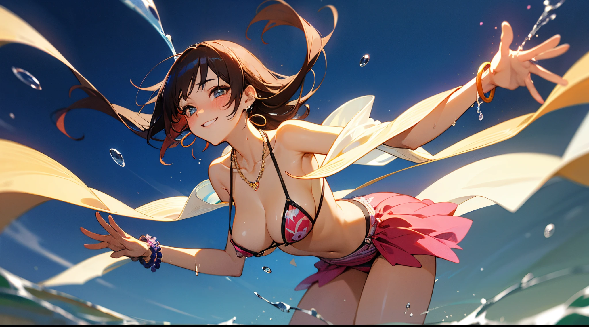 high-detail、masutepiece、fine portrayal、Vivid、absurderes, hight resolution, （Best Beautiful Girl Idol:1.5）, (Big Lori:1.2),erectile 、 Cowboy Shot, (Tsunami:1.4),Colorful micro , frilld, large earring, Gorgeous Necklaces, Gorgeous bracelets, Midsummer blue sky、 (floating water drop), (Water splash), (Water Effects:1.2), Dynamic Pose, Dynamic Angle, from the front side, resplendent smile、red blush、Countless particles of light、cinematic light and shadow、Brilliant kaleidoscope glow、Bright floral ornament、