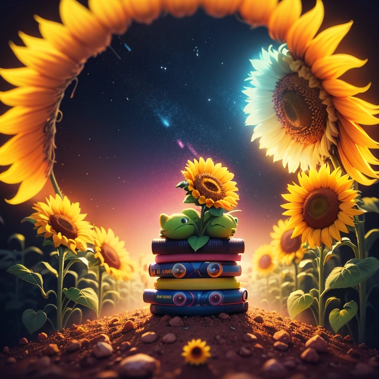 "Sunflower. in a pile of "E.T" and "E.T" canes, steven spielberg, cute colorful, digital painting, cute detailed digital art, hyper colorful, neon coloring, cute digital art, beeple colors, colorful hd picure, beeple and jeremiah ketner, glowing lights! digital painting, cute 3 d render"