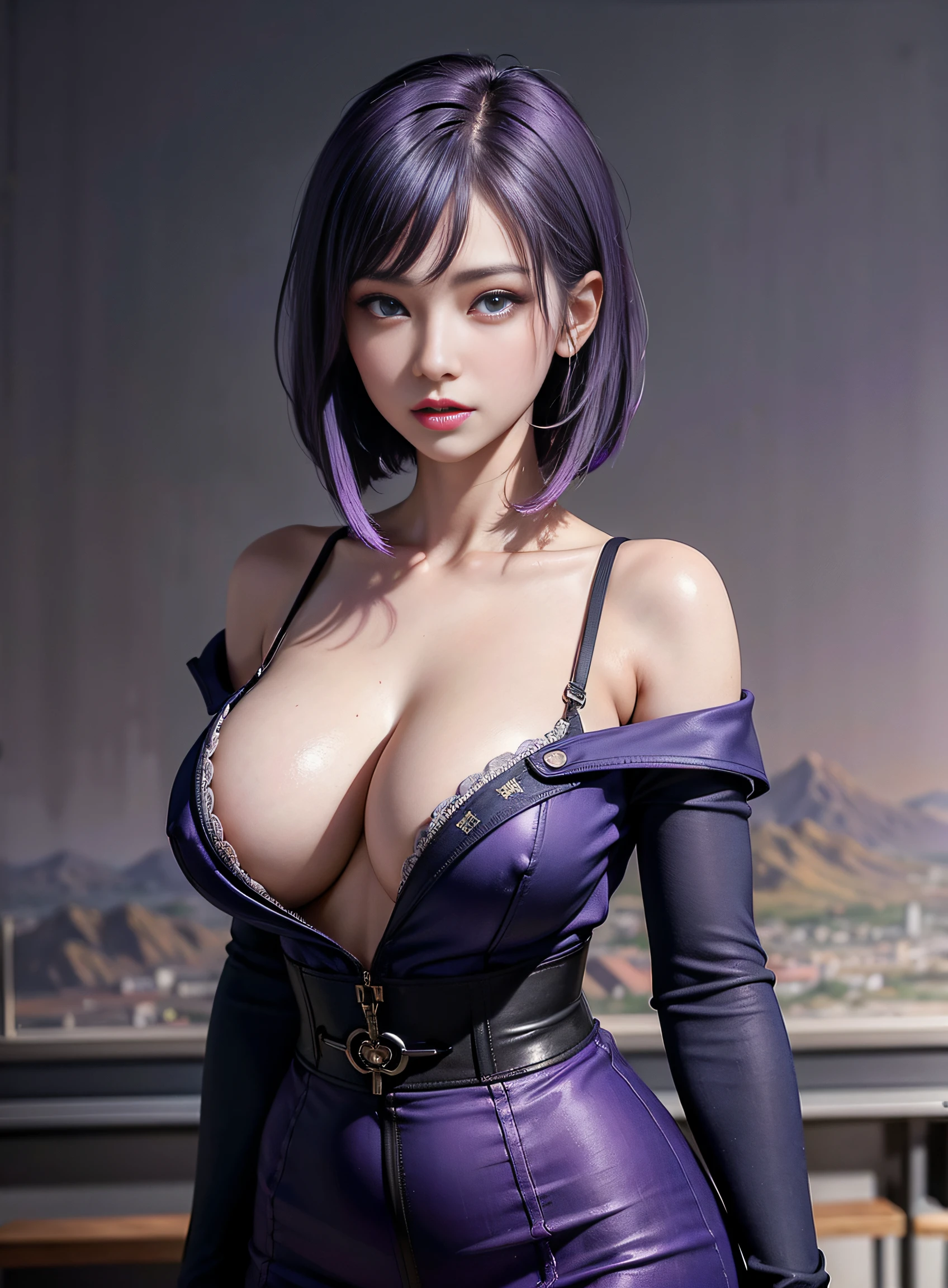 sfw, purple eyeest quality, masterpiece painting:1.3), Oboro, mature female, 26yo, (half body shot:1.3), schoolgirl, school uniform, (seductive look:1.5), purple hair, short hair, stacked bob hair, (large breasts:1.2), (narrow waist:1.1), cleavage, perfect body, (athletic body:1.1), soft skin, anime face, perfect face, (perfect eyes:1.3), glowing eyes, purple irises, anime eyes, smoky eyeliner, eyeshadow, asian, looking at viewer, smart, whiteboard background, classroom, sharp focus, intricate details, professional artwork, (vibrant colors:1.1), vivid colors, Diffused lighting, digital blending, ultra detailed body, ultra detail hair, ultra detail face, trending on pixiv, top button opened, shy girl, cute glance, makeup, purple lipstick, perfect lips, perfect makeup, ultra detailed painting, (landscape shot:1.4), ((skinny waist)), young asian girl, ((big boobs)),
