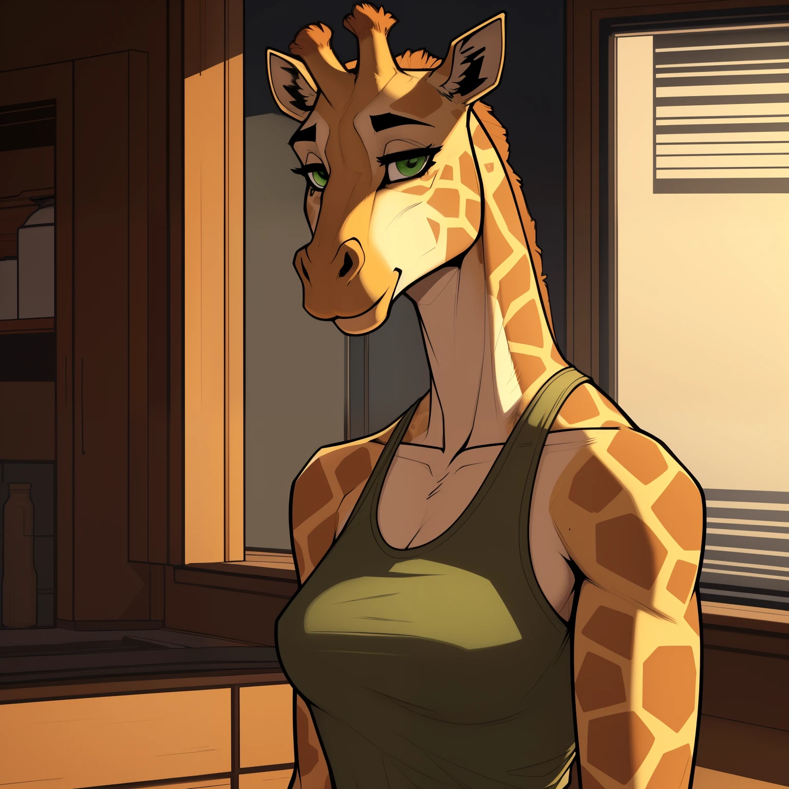 Very_Tall_Lanky_mature_giraffe female khaki_furry_body faded_green_eyes tank_top solo giraffe_snout Masterpiece best_quality absurdres highly_detailed cleanly_drawn_eyes anthro_only by_claweddrip, by_greasymojo, by_underscore-b, by_runawaystride