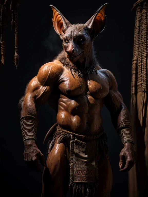 sweat drops, photography, (cool posing:1.1025), , ultra realism shading, anthro, bat, photorealistic, nude, suggestive, (rembrandt:1.1025), bat wings, huge pecs, tribal, warrior, biceps, (loincloth:1.05), tiny small waist, slim hunk, nsfw, white belly