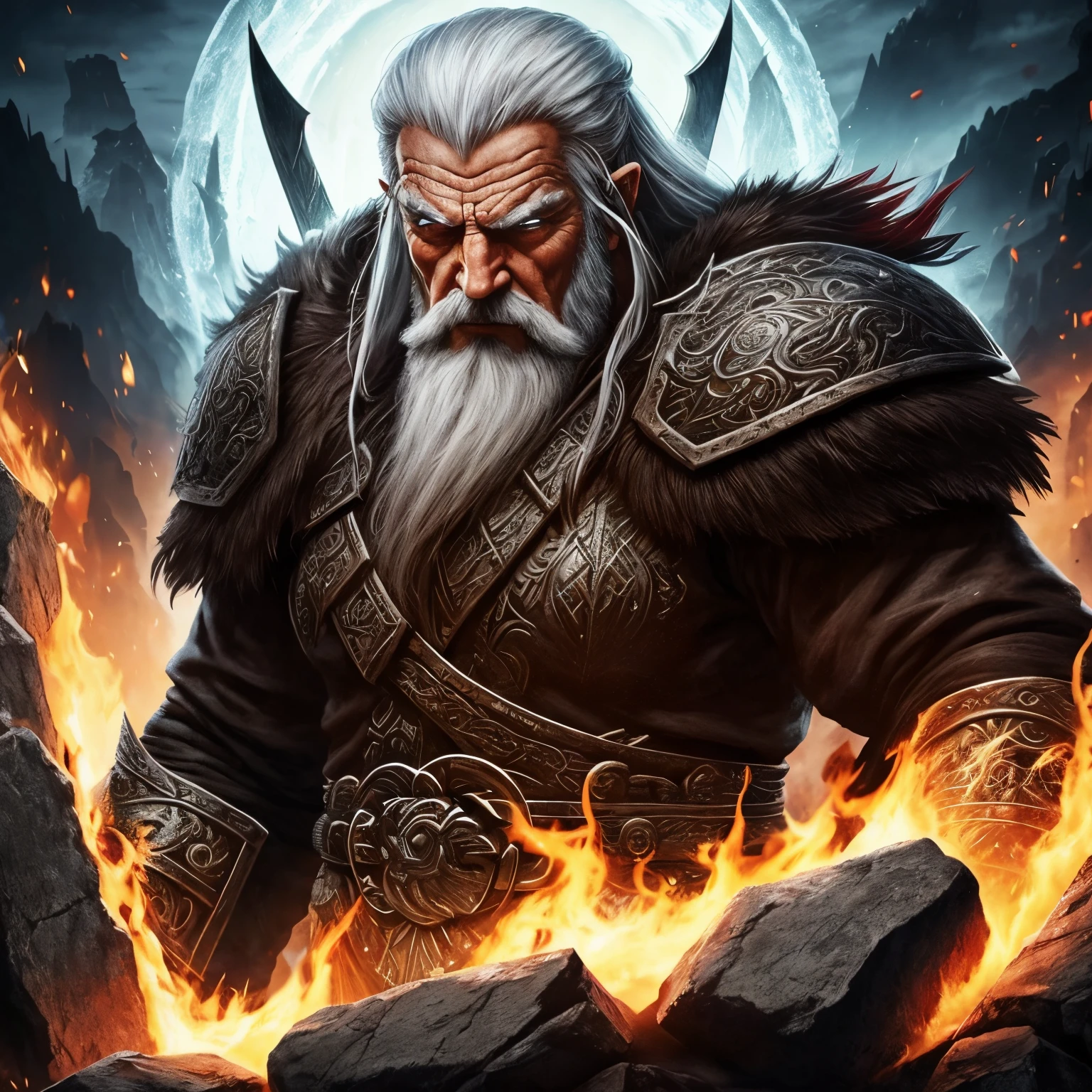 Berserker, Barbarian old man, Arte de Fantasia, of his gaze alone enemies beginning to panic, one head, devilish smile, besta do inferno, demonio, White Fire Sky, guerreira, com foice e escudo, lindo, old mans, Werelion, Long red braided hair, olhos dourados brilhantes, realista, altamente detalhados, Motor irreal, 8k de luxo