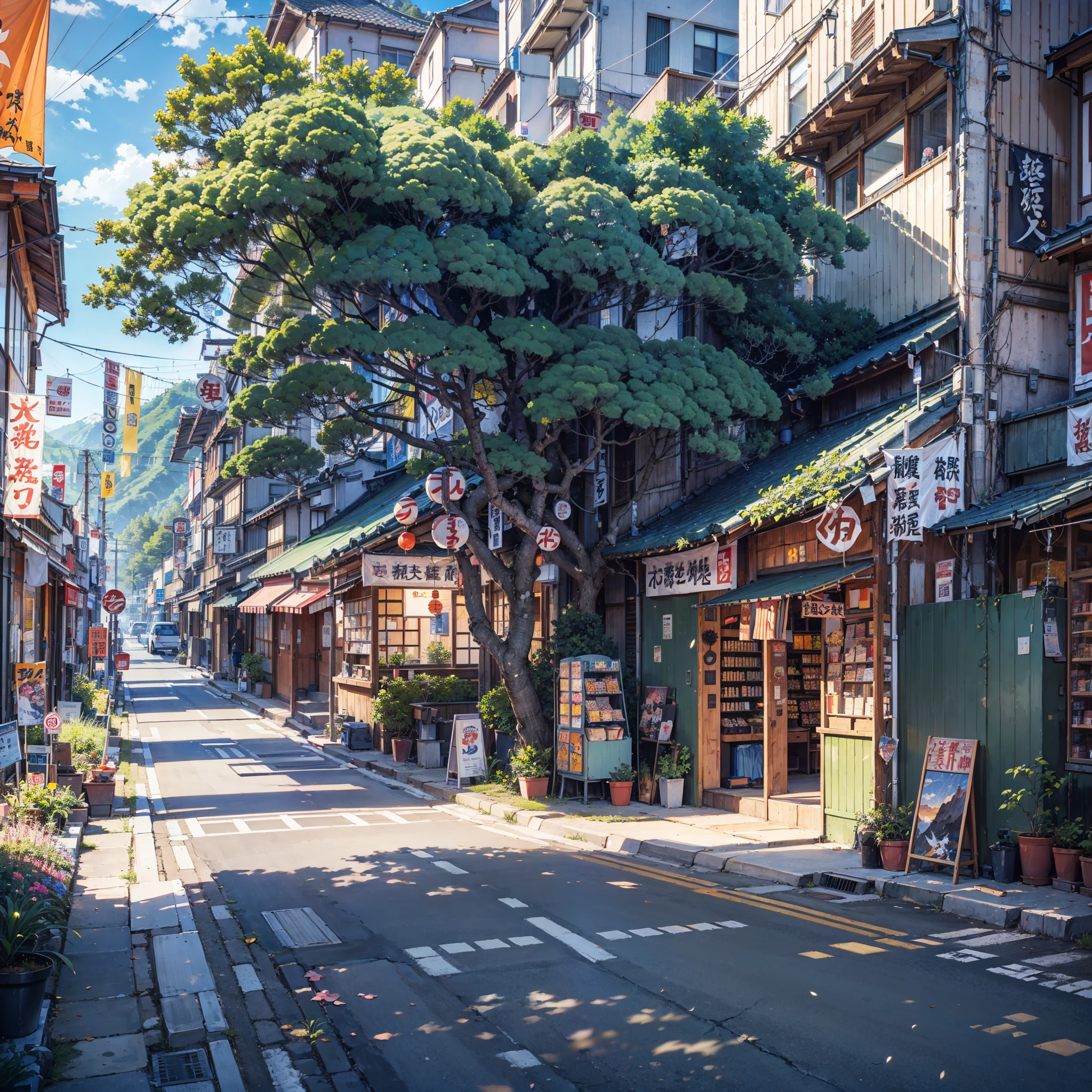 anime background, anime wallpaper, anime, anime style, lofi, lofi style, modern japanese street, mountains, uphill, modern japanese architecture, japanese convenience store, big retro japanese shop signs, retro japanese store, trees, plants, rocks, plant pots, shop signs, japanese banners, japanese signs, flags, empty street, no one in sight, (no one: 1), best quality, wide view, street going uphill, buildings tight together, night time, night