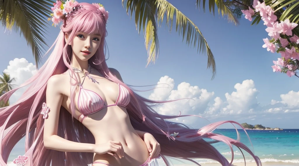 4K realistic,Pink Long Hair,JK skirt,pink Bras,white panties,White suspender stockings,With a shy face,Full body like,There are heads,big pink eyes,Wind-blown panties