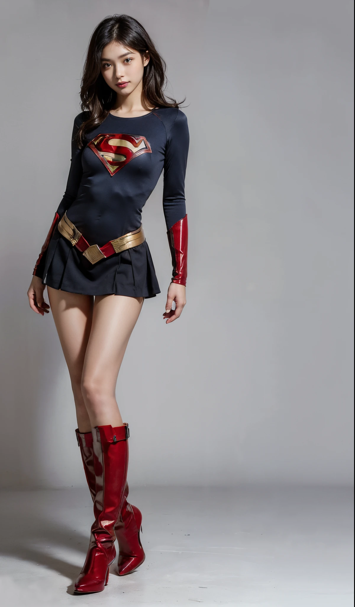 (((Wear black tights on your beautiful legs.)))、(((Grow legs、tall、Legally express the beauty of your smile)))、((((Make the most of the original image)))、(((Supergirl Costume)))、(((beautiful hairl)))、(((Suffering)))、(((Feet must necessarily be worn with black tights)))、(((You need to wear red boots)))、((Top image quality、8K))、((top-quality、8K、masterpiece:1.3))、(((Keep Background )))、Crisp focus:1.2、Beautiful woman with perfect body shape:1.4、Slender Abs:1.2、a wet body:1.5、Highly detailed facial and skin texture、8K