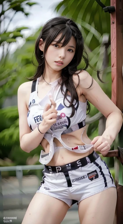 Ala Fed Asian Woman in Red Sports Bra Top and White Shorts, a picture by Fujiwara Nobuzane, Tumbler, shin hanga, akikazu mizuno, Marin Kitagawa, wearing track and field suit, hanekawa tsubasa, Yuka Kazami, Akira Toriyama 📹, narumi kakinouchi, yukii morita