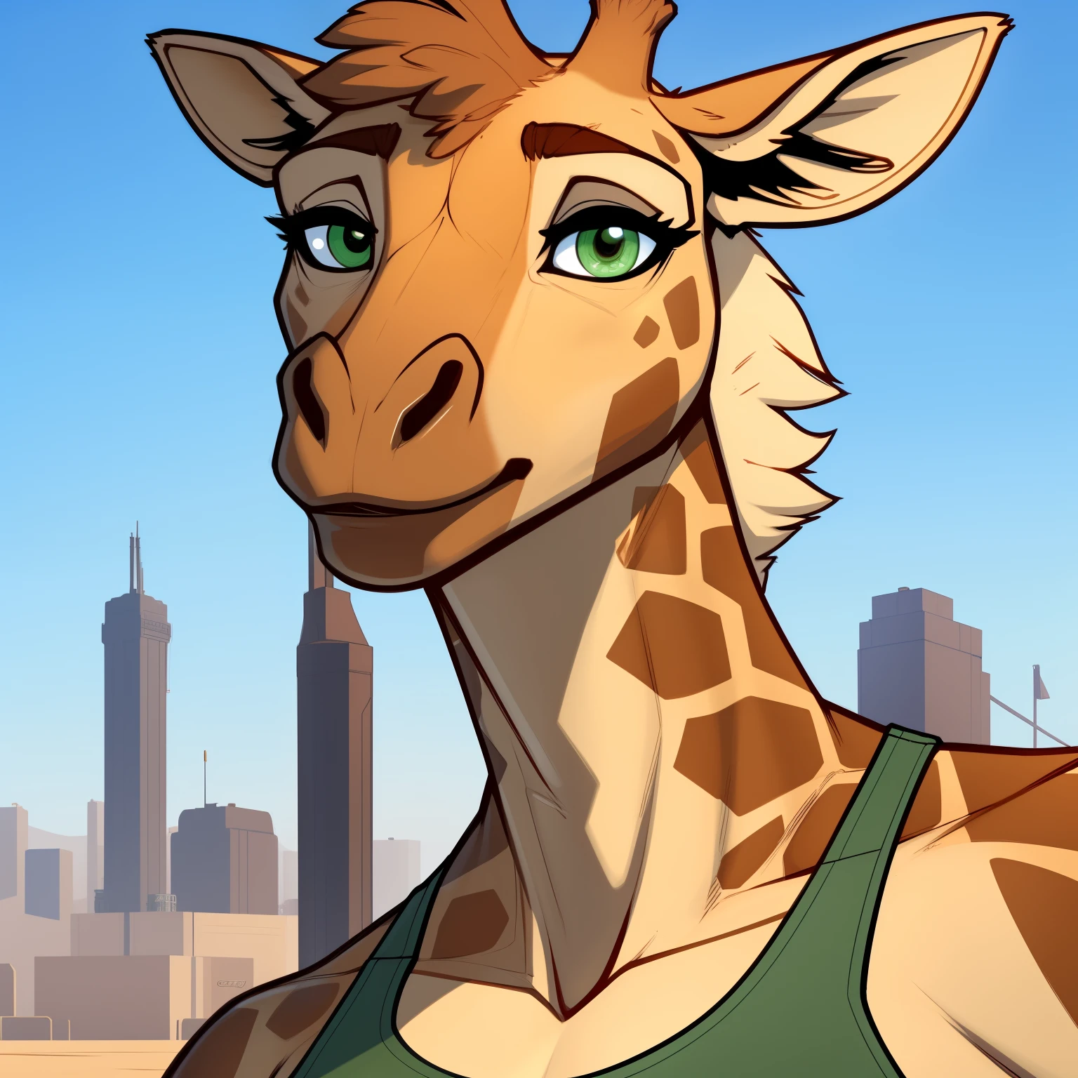 Very_Tall_Lanky_mature_giraffe female khaki_furry_body faded_green_eyes tank_top solo giraffe_snout Masterpiece best_quality absurdres highly_detailed cleanly_drawn_eyes anthro_only by_claweddrip, by_greasymojo, by_underscore-b, by_runawaystride