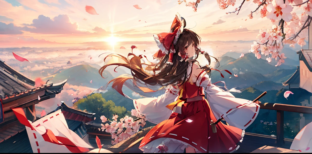 a beautiful anime scene of a pretty young girl flying high in the air, 1girl, long hair, solo, hakurei reimu, bow, hair bow, gohei, brown hair, red bow, detached sleeves, skirt, arm ribbon, cloud, red skirt, ribbon, petals, from behind, sun, ribbon trim