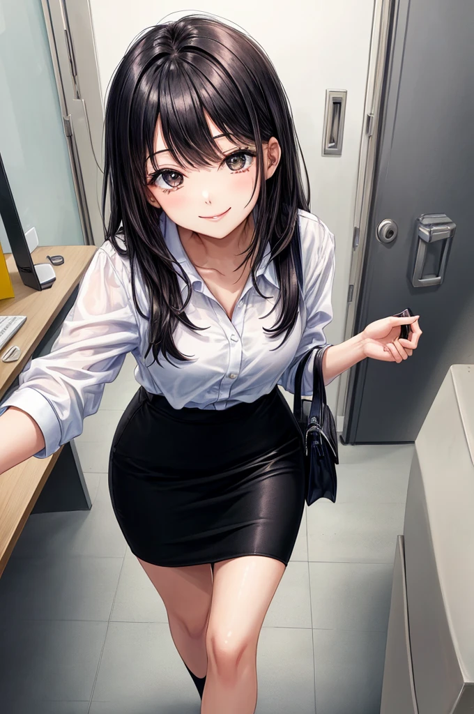 (((Masterpiece, highest quality, precision, ultra-detail)))),((Japanese Office girl name Sime, 21 year olds, Solo)), ((Modern)), break, ((White blouse)), break, ((Black pencil skirt)))), break, ((Black tightlack hair,), (Big shining Black eyeusty:1.2)), (((Design office) ), ((PC on a stylish office desk)), (((Sime walking in to the door))), carrying a bag, smiles,  (tilts head)))), breeze, (eyes forcus))), dynamic angle