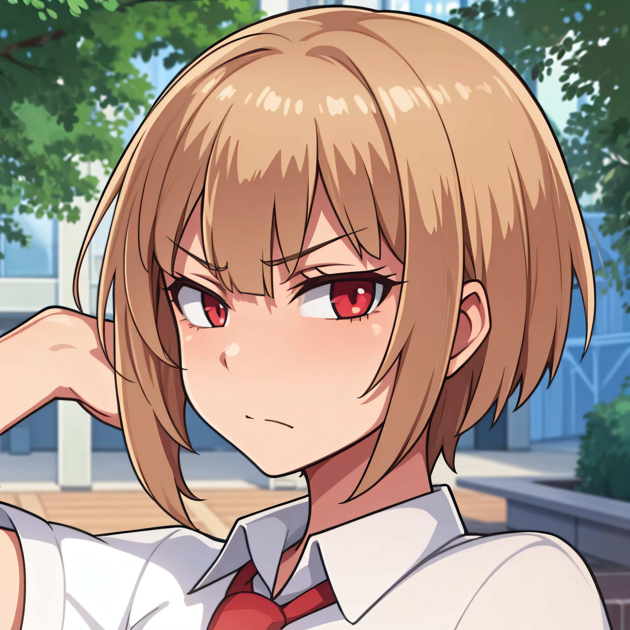 hiquality, tmasterpiece (one girls). hooligan. Sullen face. blonde woman. Short Hair Hair. brown eye. white shirt. red tie. Hand in Hair. against the background of the park.
