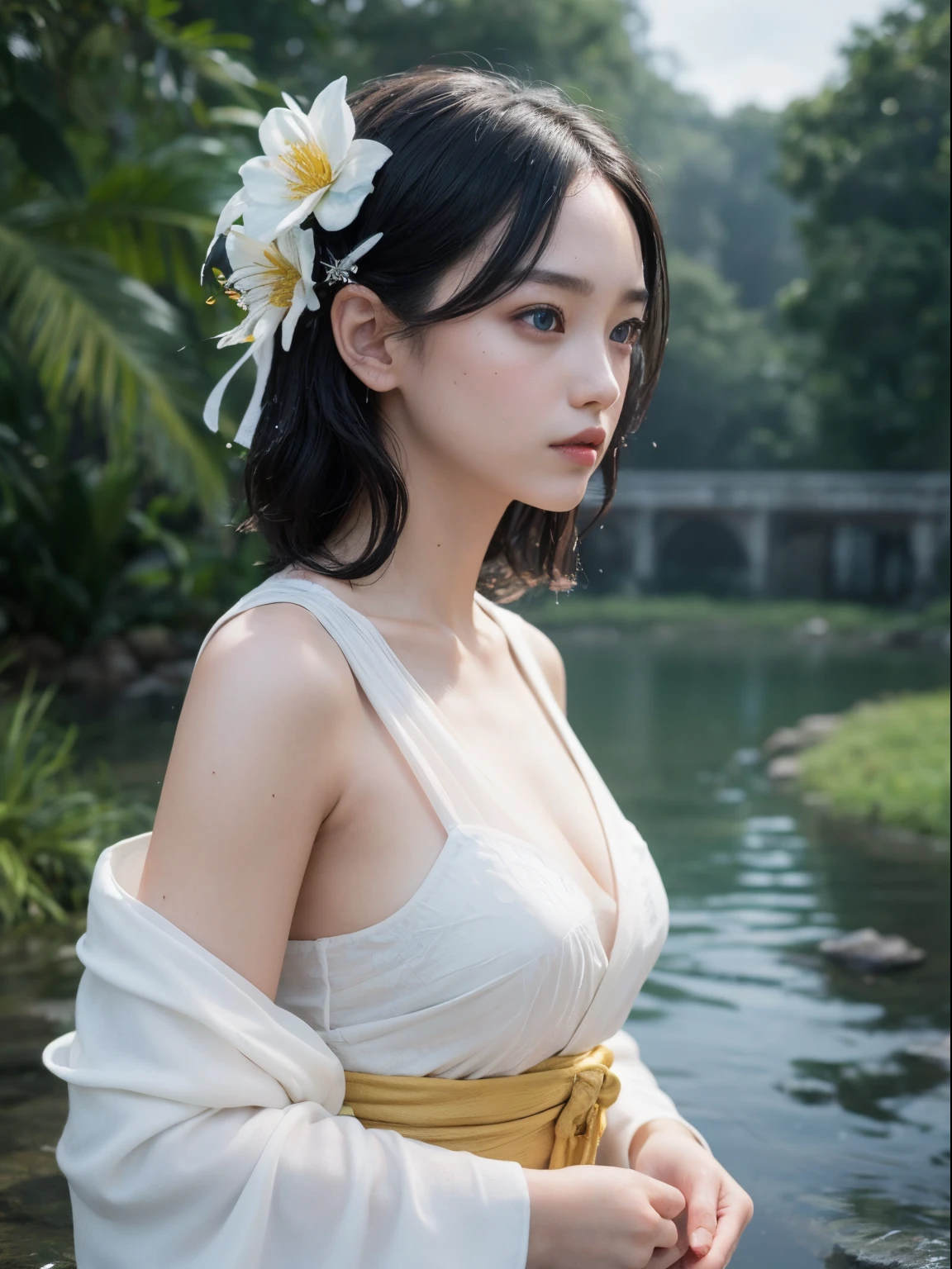 1girl in, breasts, Moon, lantern, Night, Solo, Large breasts, Hair Ornament, Wet, Kimono, komono, playing in the water, Water, Hair Flower, flower, Outdoors, skyporn, fullmoon, Rain, Black hair, off shoulders, mont, cloud, Holding, sash, Bare shoulders,  lantern, Standing, White kimono, nigh sky, sideboob barbosa, Obi, Wet clothes, Bangs, tree, From Side, reflection, Short hair, Cloudy sky, Wet hair (((masutepiece),(the Extremely Detailed CG Unity 8K Wallpapers),Best Quality,,Solo,1girl in,Cinematic lighting,Detailed background,Beautiful detailed eyes,Bright pupils, (extremely delicate and beautiful),(Beautiful and detailed eyes description)， Ultra-detailed,masutepiece,)),