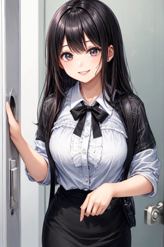 (((Masterpiece, highest quality, precision, ultra-detail)))),((Japanese Office girl name Sime, 21 year olds, Solo)), ((Modern)), break, ((White blouse)), break, ((Black pencil skirt)))), break, ((Black tightlack hair,), (Big shining Black eyeusty:1.2)), (((Design office) ), ((PC on a stylish office desk)), (((Sime opening the door))), carrying a bag, smiles, (tilts head)))), breeze, (eyes forcus))), dynamic angle