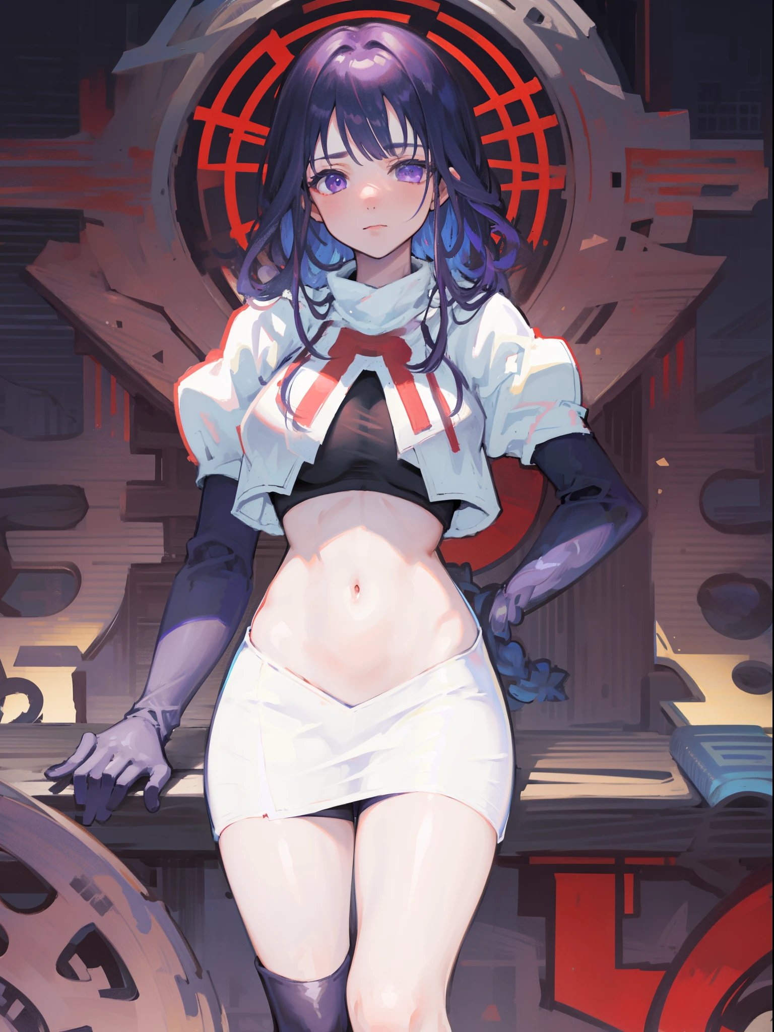 (Highest quality，Masterpiece，8k)，((Pale skin))，1girll，Solo Woman，((Genshin_impact，Raiden general)), Sexy beautiful anime girl，Raiden general, Mole under eye, Long purple hair, hair ornaments, rosy lips，Anime mouth, A sexy mature woman，Detailed eyeusty figure, team rocket,team rocket uniform, red letter R, white skirt,white crop top,black thigh-highs,black elbow gloves,