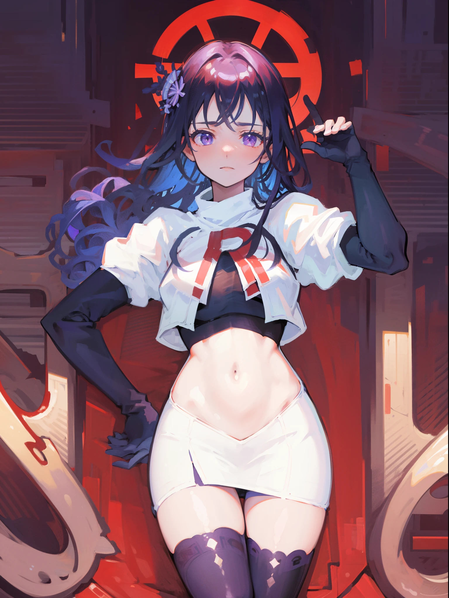 (Highest quality,Masterpiece,8k),((Pale skin)),1girll,Solo Woman,((Genshin_impact,Raiden general)), Sexy beautiful anime girl,Raiden general, Mole under eye, Long purple hair, hair ornaments, rosy lips,Anime mouth, A sexy mature woman,Detailed eyeusty figure, team rocket,team rocket uniform, red letter R, white skirt,white crop top,black thigh-highs,black elbow gloves,