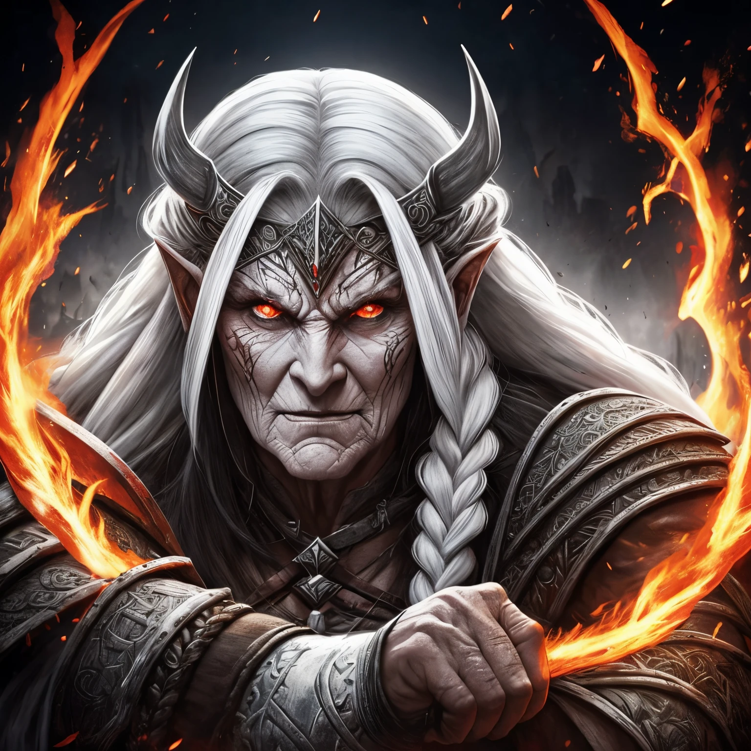 Berserker, Barbarian old woman, Arte de Fantasia, of his gaze alone enemies beginning to panic, one head, devilish smile, besta do inferno, demonio, White Fire Sky, guerreira, com foice e escudo, lindo, old womans, Werelion, Long red braided hair, olhos dourados brilhantes, realista, altamente detalhados, Motor irreal, 8k de luxo