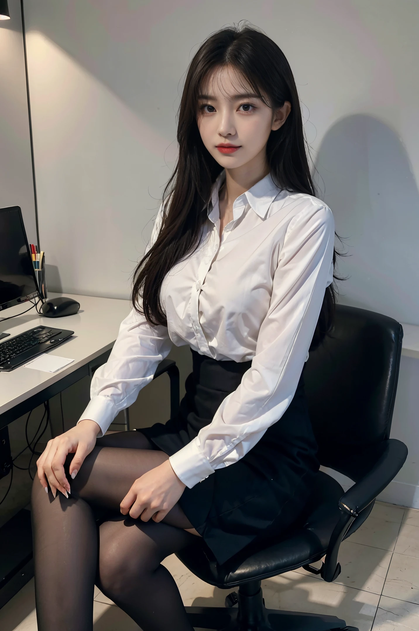 (Masterpiece), ((Best Quality)), (full-body portrait)，(Masterpiece,Best Quality,offcial art,Extremely detailed CG unity 8k wallpaper), , Beauty Photography, miss，Solo,Elegant upper-class elite secretary in a business shirt,Perfect look，Double eyelid eyes，delicate makeup， working in office,wearing a strict business suit, Wearing pantyhose,Wear high-quality heels,Girl in a shirt, Wearing a suit, tits huge,full bodyesbian,Wearing a suit, Wearing a suit, merchant, business outfit, wearing a black suit, Wear a shirt and skirt, Woman in a suit, business outfit，Computer Chair，Sits，Erlang Bridge，(with high heels，complex detail root focus,From below,