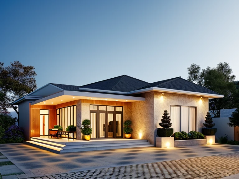 Realistic images, extremely detailed, a modern house, 1 road in font of house, large yard made by ceramic, (1 car), brick fence, lawn, a few small flowers, a road in front of the house, main materials of the house are white walls and red brick, Modern design, clear blue sky, sunrise light, light from inside, dynamic light,shimering light, cinematic light, romantic feeling, (((day light, warm light))), SNOW:1.3, WINTER