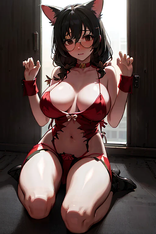 Stema Peace、hanekawa tsubasa、attack of glasses、A dark-haired、large boob、 (Black hair, Brown eyes, Round face),With ribbon, (nose blush, half opened eye),, [Full body shot]、eye glass、Head-to-toe shots、A dark-haired、Dressed as Santa Claus、Crouching in a back alley at night、