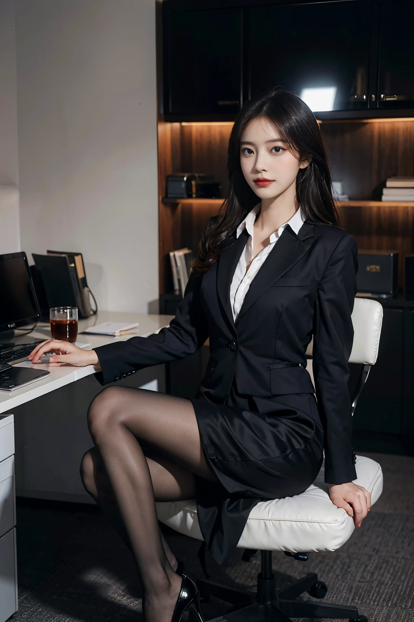 (Masterpiece), ((Best Quality)), (full-body portrait)，(Masterpiece,Best Quality,offcial art,Extremely detailed CG unity 8k wallpaper), , Beauty Photography, miss，Solo,Elegant upper-class elite secretary in a business shirt,Perfect look，Double eyelid eyes，delicate makeup， working in office,wearing a strict business suit, Wearing pantyhose,Wear high-quality heels,Girl in a shirt, Wearing a suit, tits huge,full bodyesbian,Wearing a suit, Wearing a suit, merchant, business outfit, wearing a black suit, Wear a shirt and skirt, Woman in a suit, business outfit，Computer Chair，Sits，Erlang Bridge，(with high heels，complex detail root focus,From below,