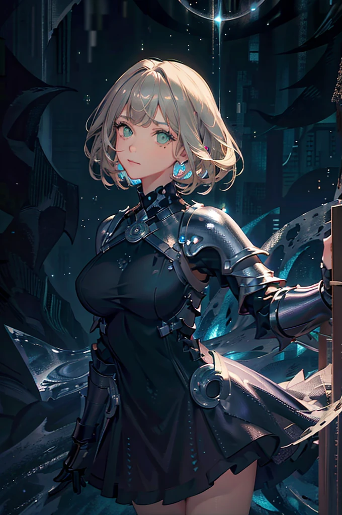 (masterpiece, best quality, extremely detailed CG, beautiful detailed eyes, ultra-detailed, intricate details:1.2), 8k wallpaper, elaborate features, (1girl, solo:1.4), short brown blond hair, swept bangs, struggle, dynamic pose, looking at viewer, (((green eyes))), dark cave, magic surround, ((magic circles)), night, dark, (((((armor dress))))), upper body, ((((dark cave background)))), large breasts, (((((detailed face))))), ((((((detailed eyes)))))), stalactites, earth theme, magic particles, silver