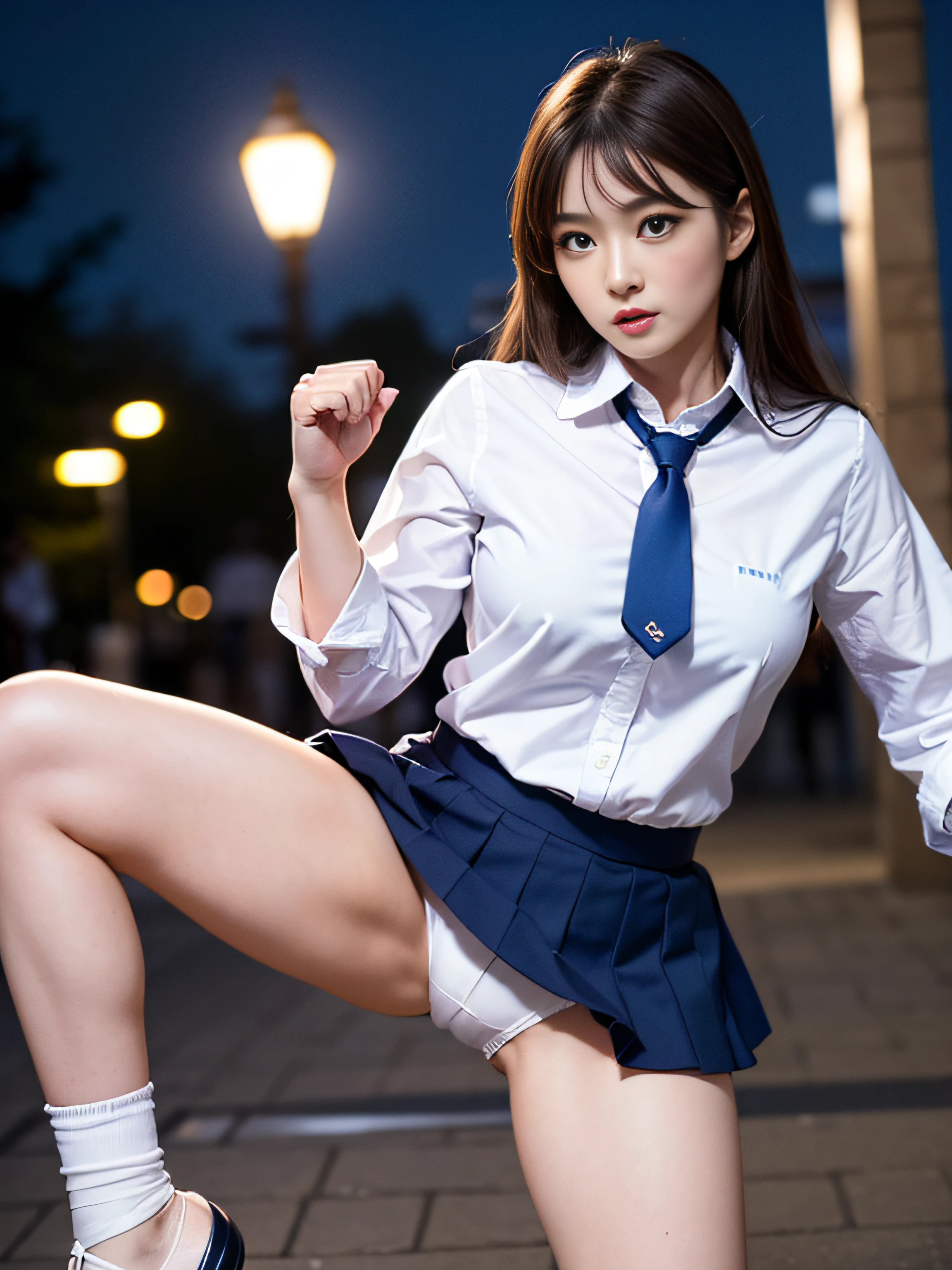 1womanl、(Solo:1.5)、(Super beautiful)、(beauitful face:1.5)、(A detailed face:1.5)、(A detailed eye:1.1)、(Detailed lips:1.1)、(Detailed nose:1.1)、hi-school girl、(Fight off molesters with karate techniques:1.5)、(high quality karate)、(Kick up high:1.5)、(high-school uniform:1.5)、(white  shirt:1.5)、(neck tie:1.5)、(dark-blue skirt:1.5)、(white  panties:1.6)、(espadrilles:1.6)、make - up、Brown hair、Sidewalks in Shibuya、Sky from below、(Night:1.5)、(At SFW:1.5)