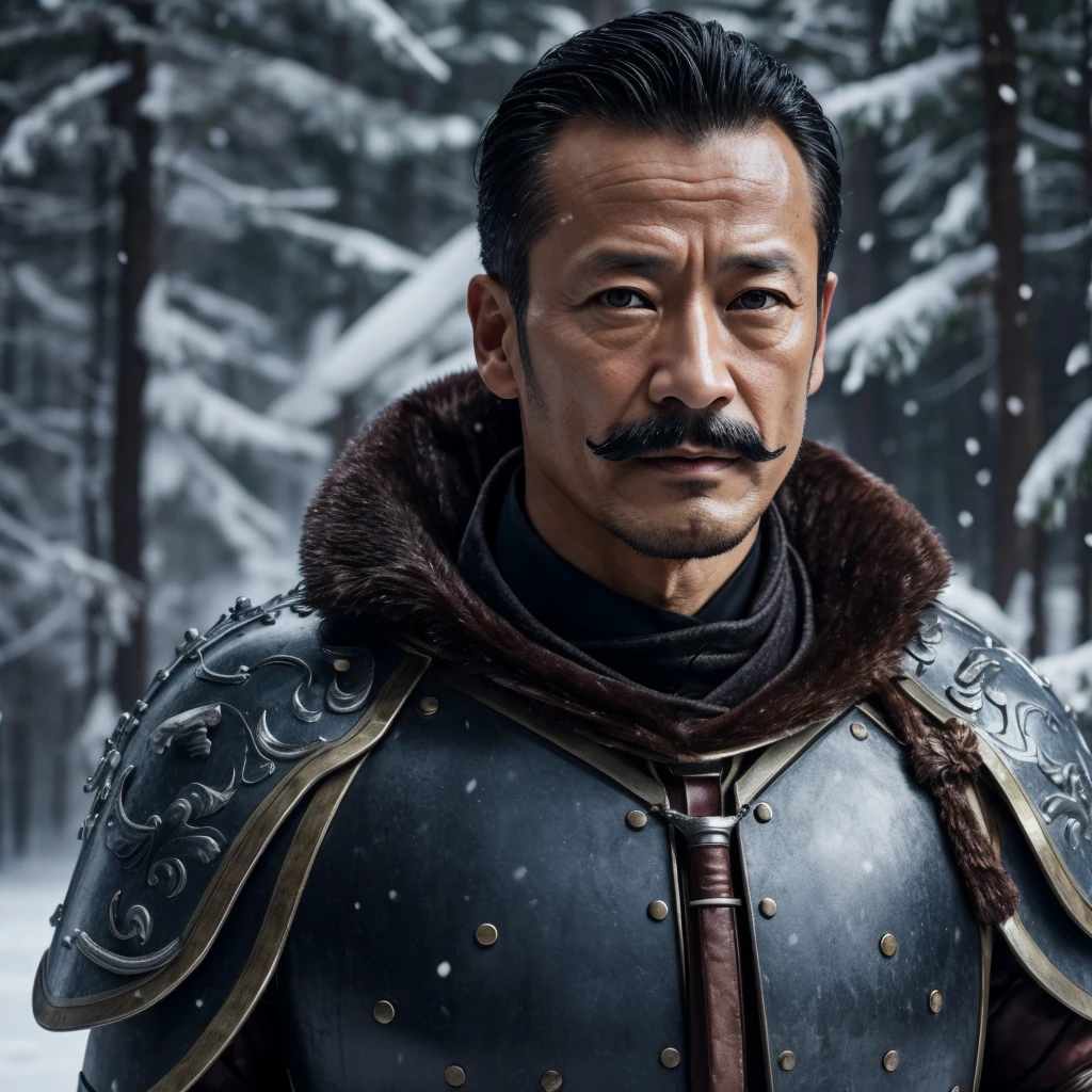 50 years old，Hidetoshi Nakata ，（Kogoro Mouri 1.3), a man in winter armor, tong, mustache, little beard, winter armor fantasy, cinematic scene, wallpaper picture, great quality, masterpiece, 4k hd, 8k hd