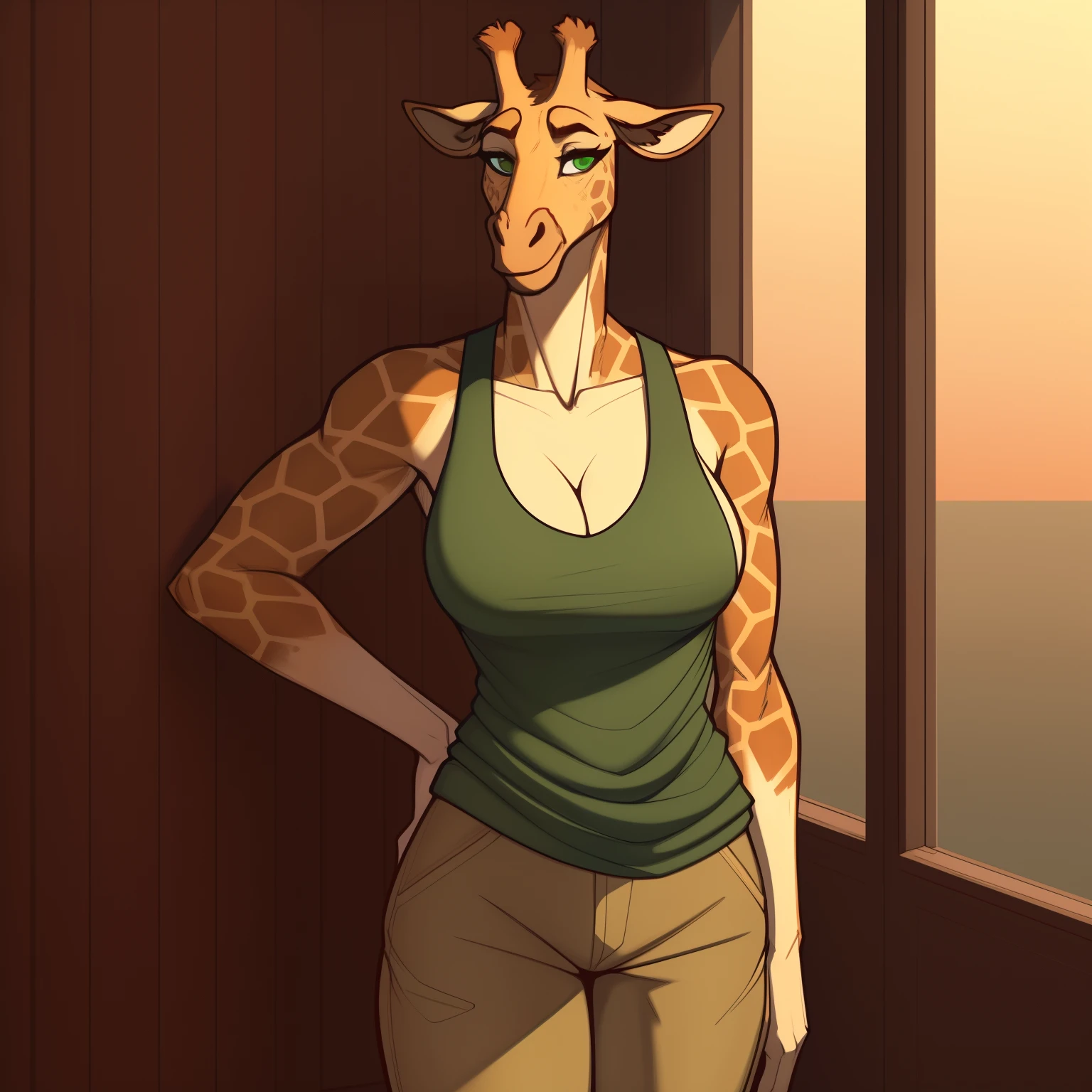 Very_Tall_Lanky_mature_giraffe female khaki_furry_body faded_green_eyes tank_top solo giraffe_snout Masterpiece best_quality absurdres highly_detailed cleanly_drawn_eyes anthro_only by_claweddrip, by_greasymojo, by_underscore-b, by_runawaystride