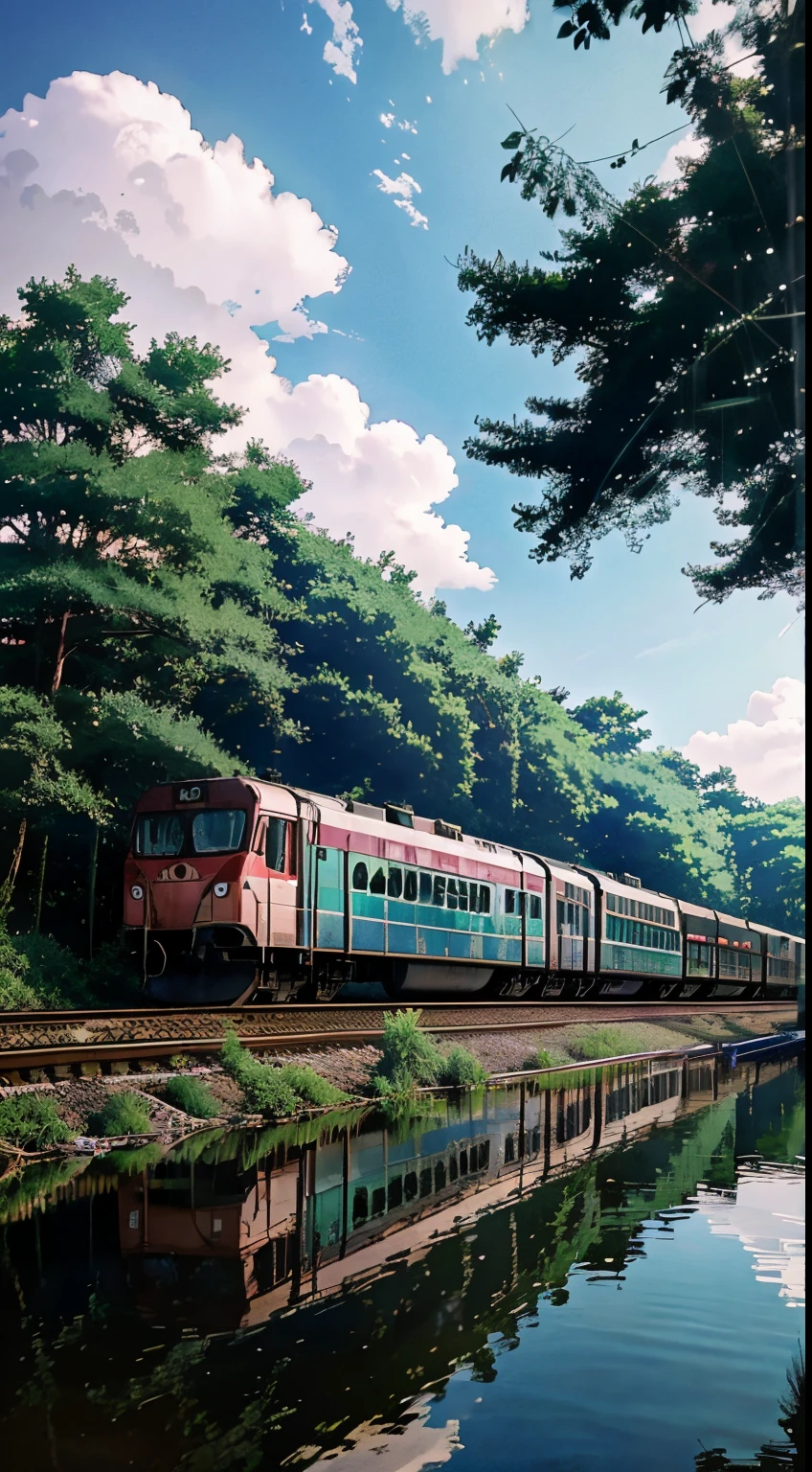 anime train on tracks passing over a body of water, a picture by Makoto Shinkai, pixiv, conceptual art, lofi artstyle, reflections. by makoto shinkai, lofi art, beautiful anime scene, anime landscape, detailed scenery —width 672, in style of makoto shinkai, style of makoto shinkai