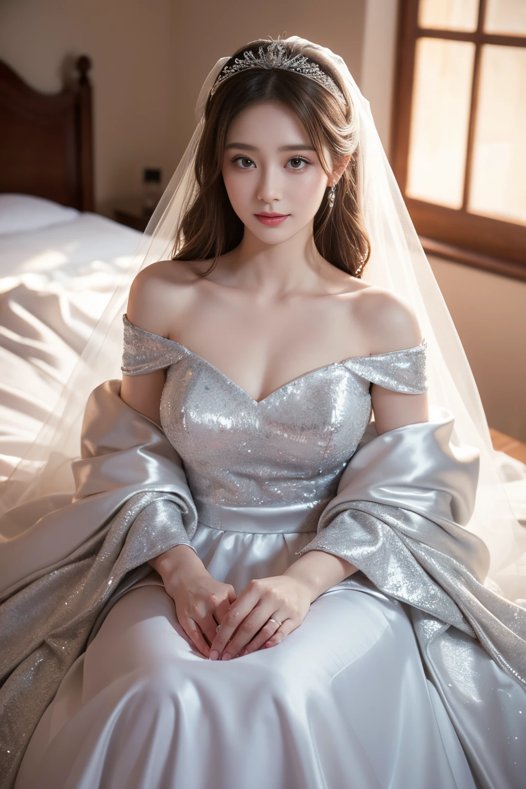 Young girl in wedding dress and updo, Off-shoulder neckline, and a long veil. her face is young and innocent, Looks like a child. She looks at the camera with a playful expression. Detailed artwork with vivid illustrations, Realistic colors, Capture every detail. The medium of digital painting, Guaranteed best quality and high resolution (4K or 8K). soft and romantic lighting, creating a dream-like atmosphere. The overall color is warm and gentle.............., Highlight the joy and beauty of your wedding scene.frontage、Silver Tear Mina Long Skirt、full body Esbian